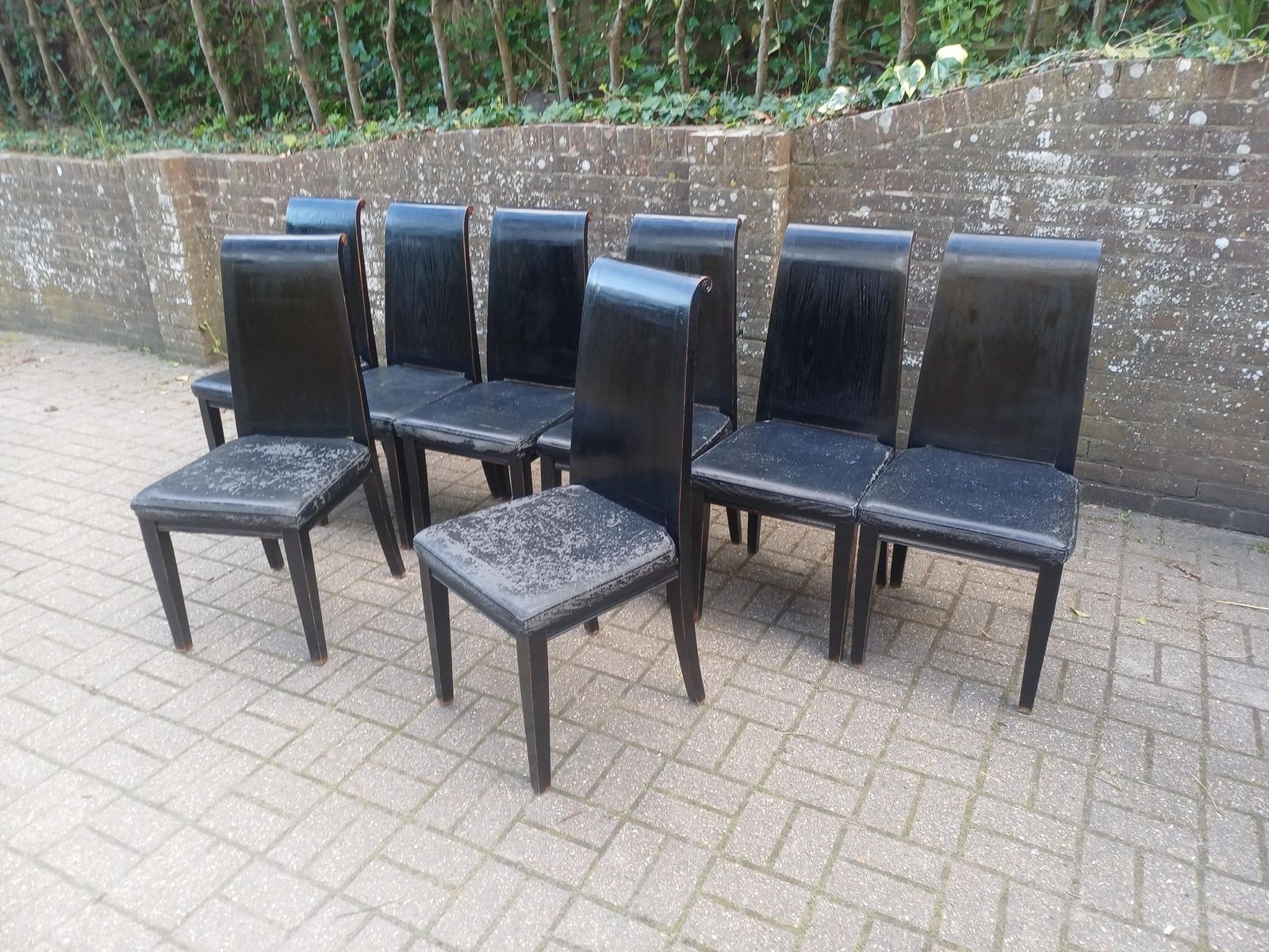 Classic Set Of 8 Lombok Black Dining Chairs 1980s Oriental Style Hardwood Vintage Distressed Finish Free Hand Delivery