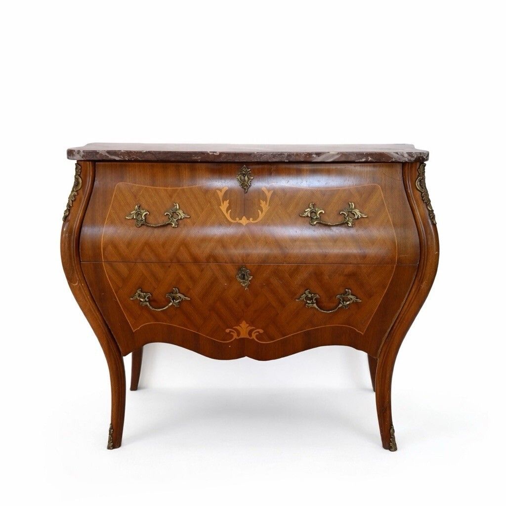 French Style Bombe Chest Of Drawers Marquetry Detail   Commode Marble Top photo for sale