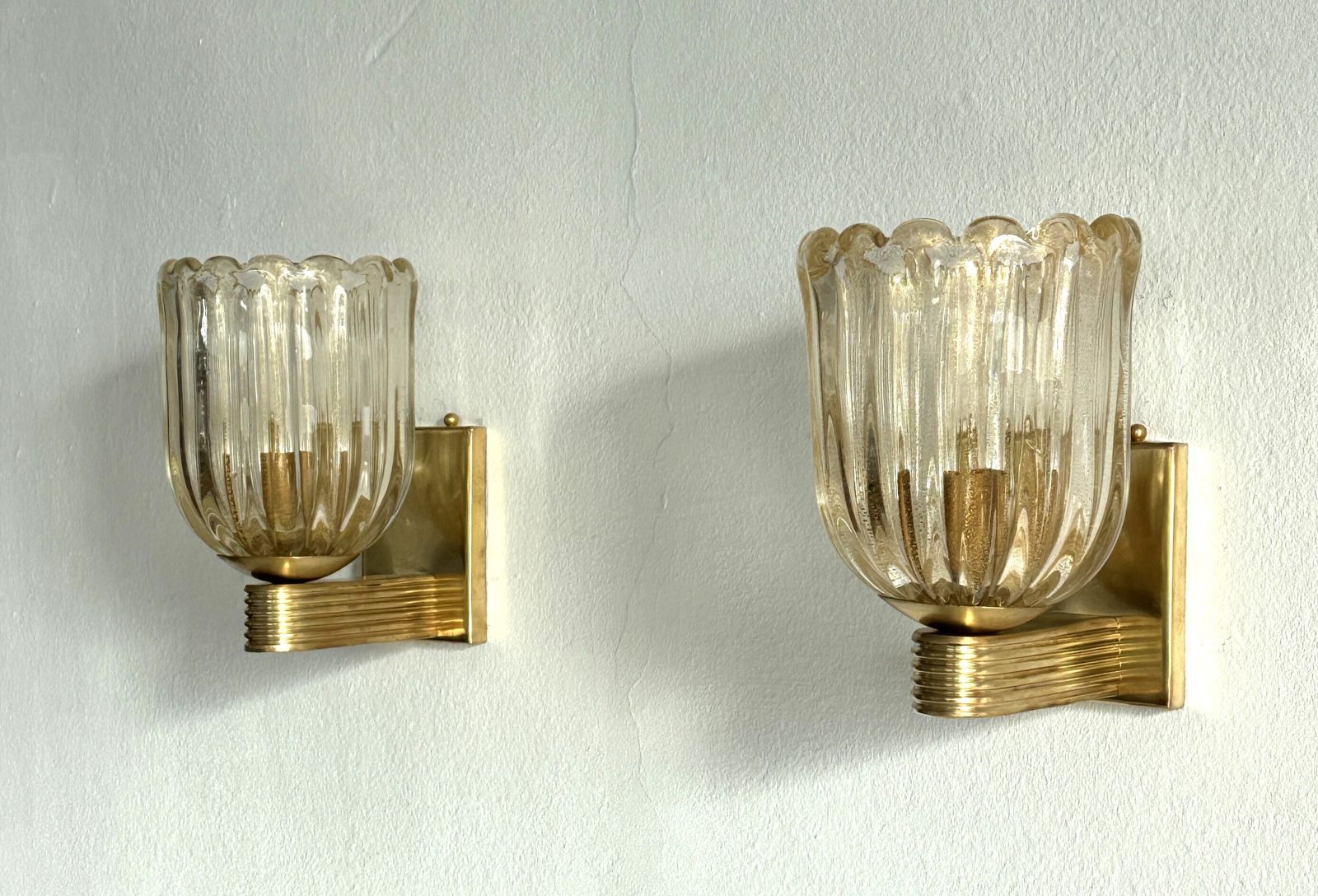 Italian Murano Crystal Glass And Brass Wall Sconces In The Art Deco Style photo 1750.0