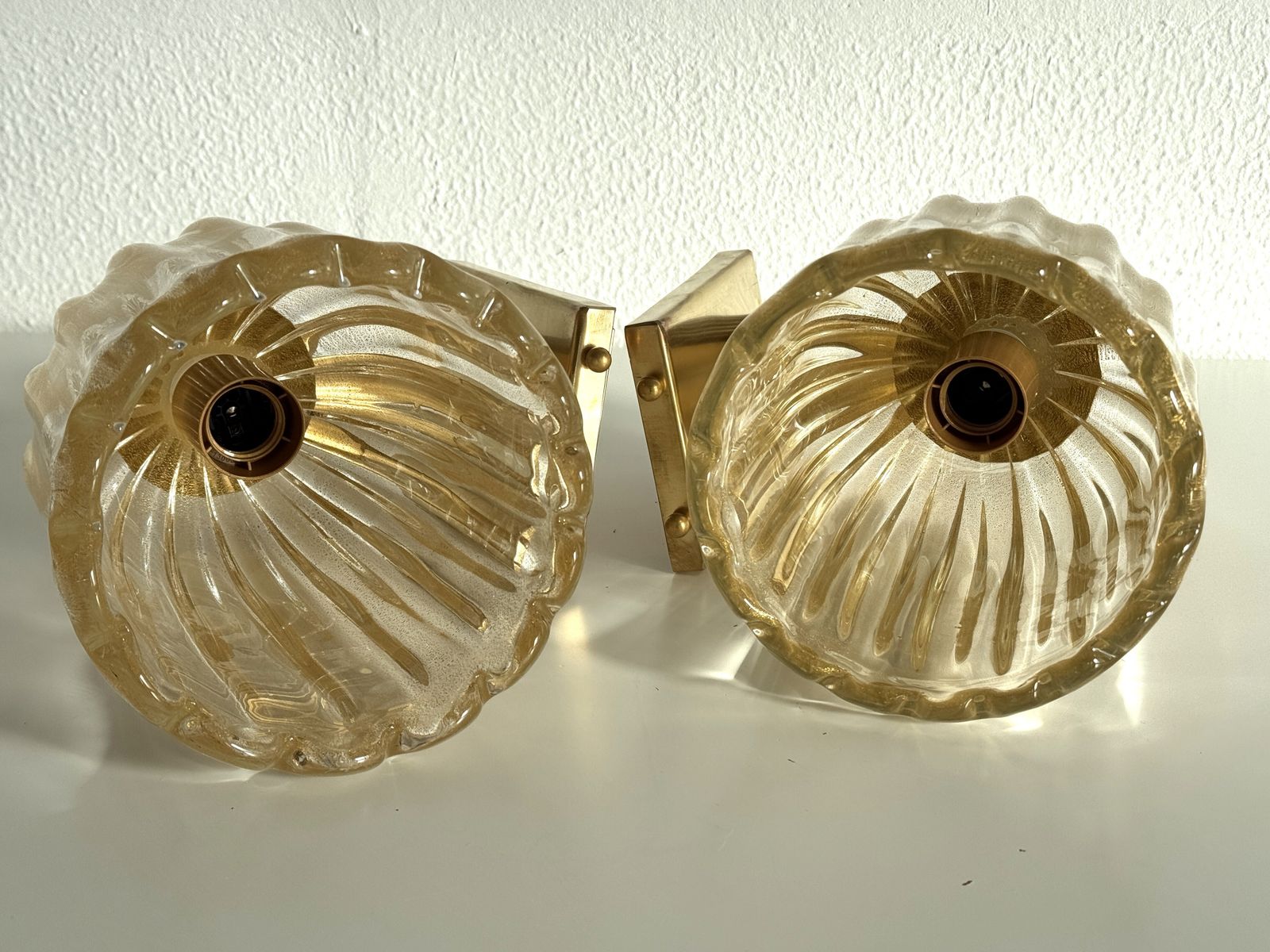 photo for sale Italian Murano Crystal Glass And Brass Wall Sconces In The Art Deco Style