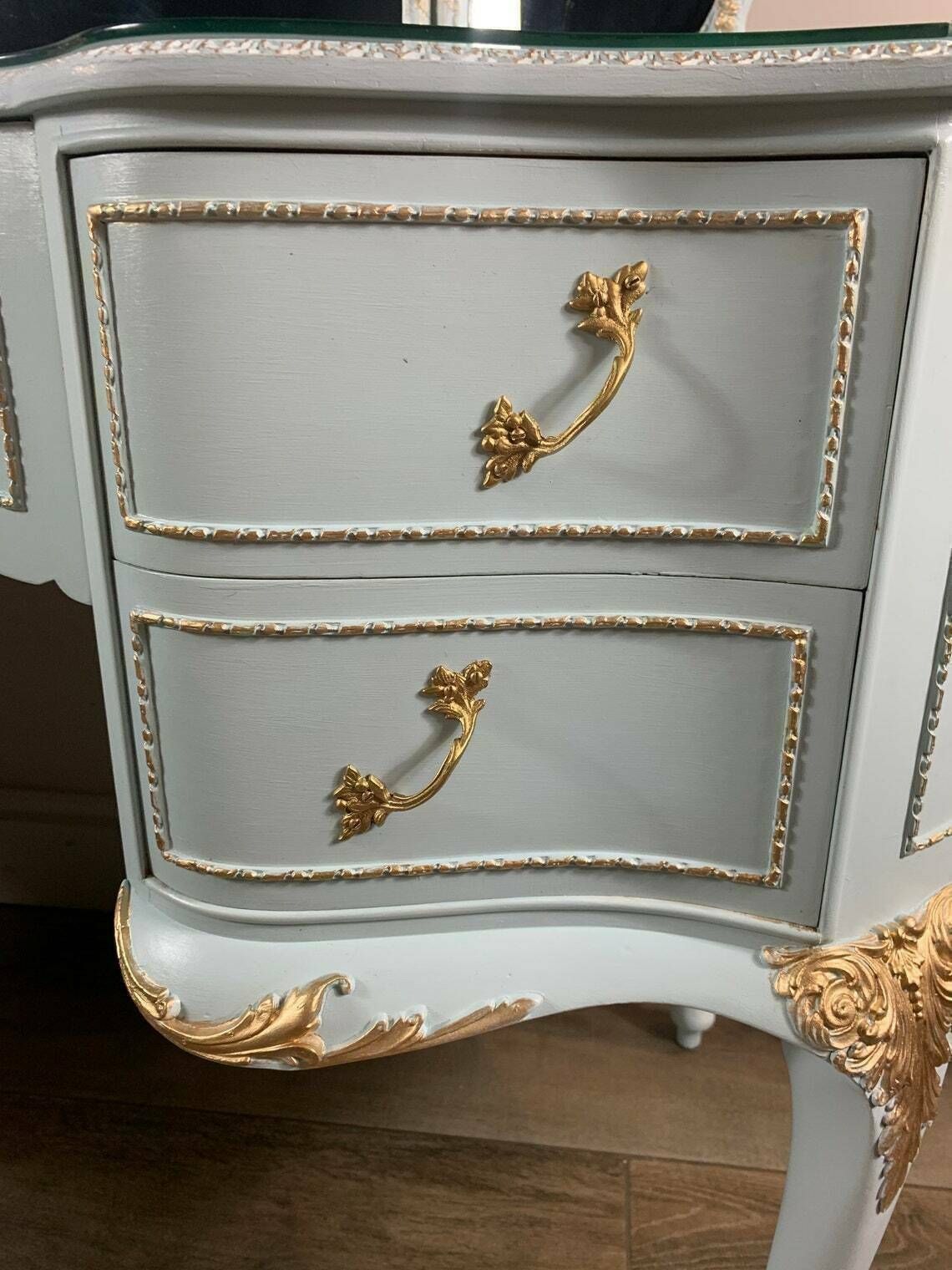 Baby Blue Louis Olympus Dressing Table, Vintage Hand Painted French Style Romantic Dressing Table, Gold Trim, Bedroom Furniture & Stool photo furniture