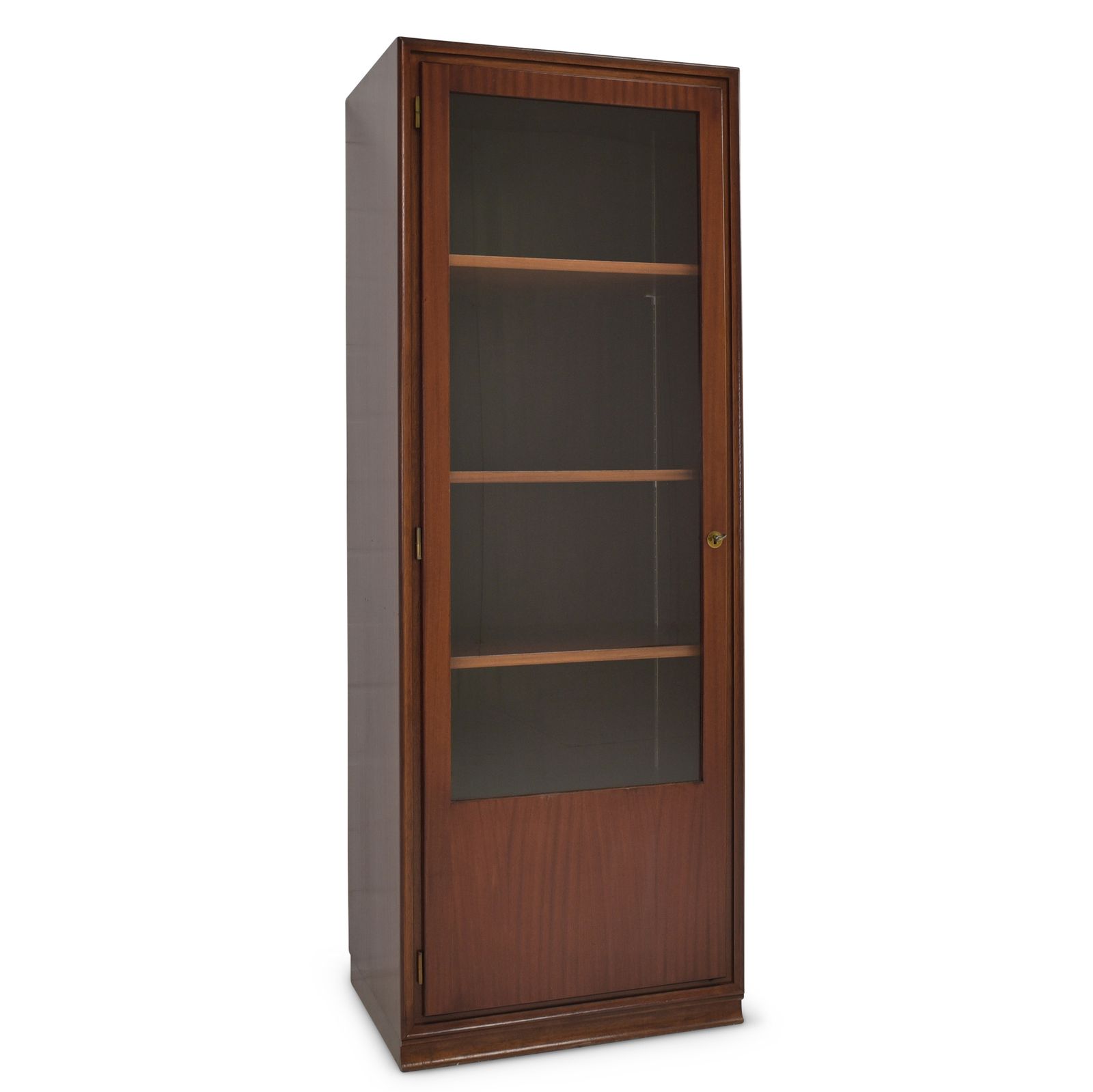 Narrow Mahogany Display Cabinet, Mid Century Art Deco, Circa 1955, Filing Cabinet On The Left, 1 Of 2