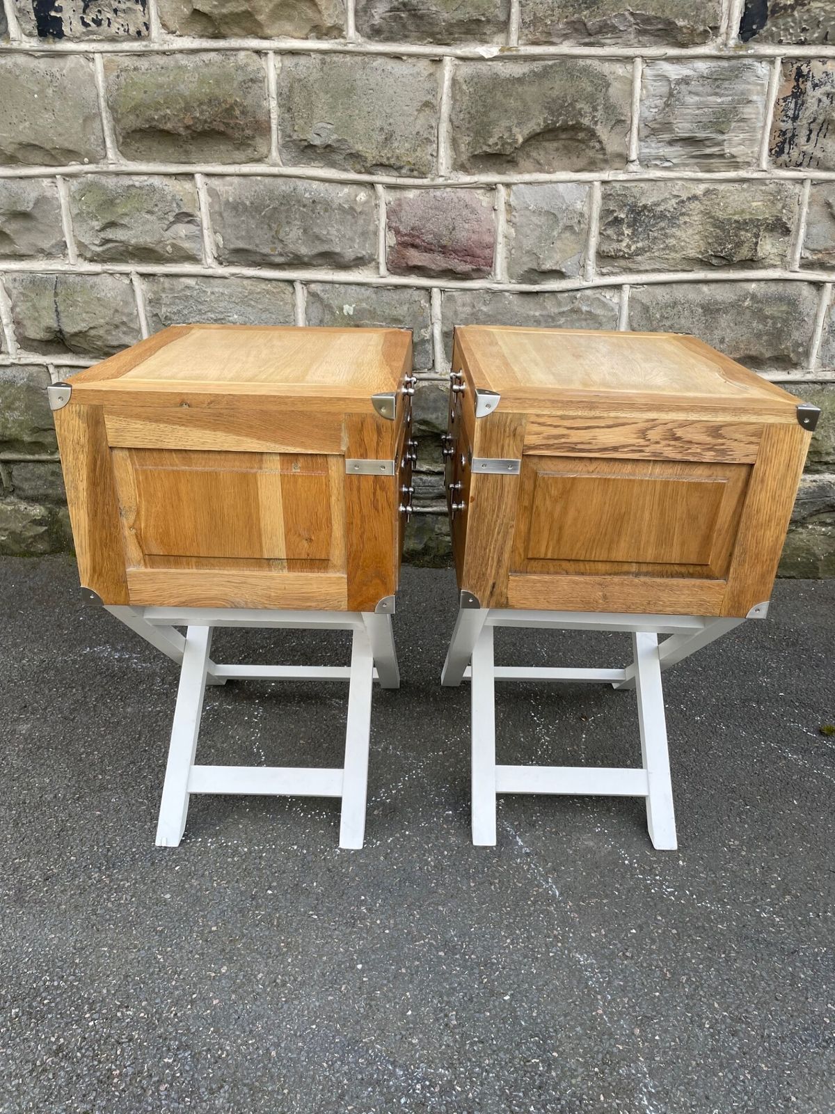Pair Oak Military Style Bedside Tables photo for sale
