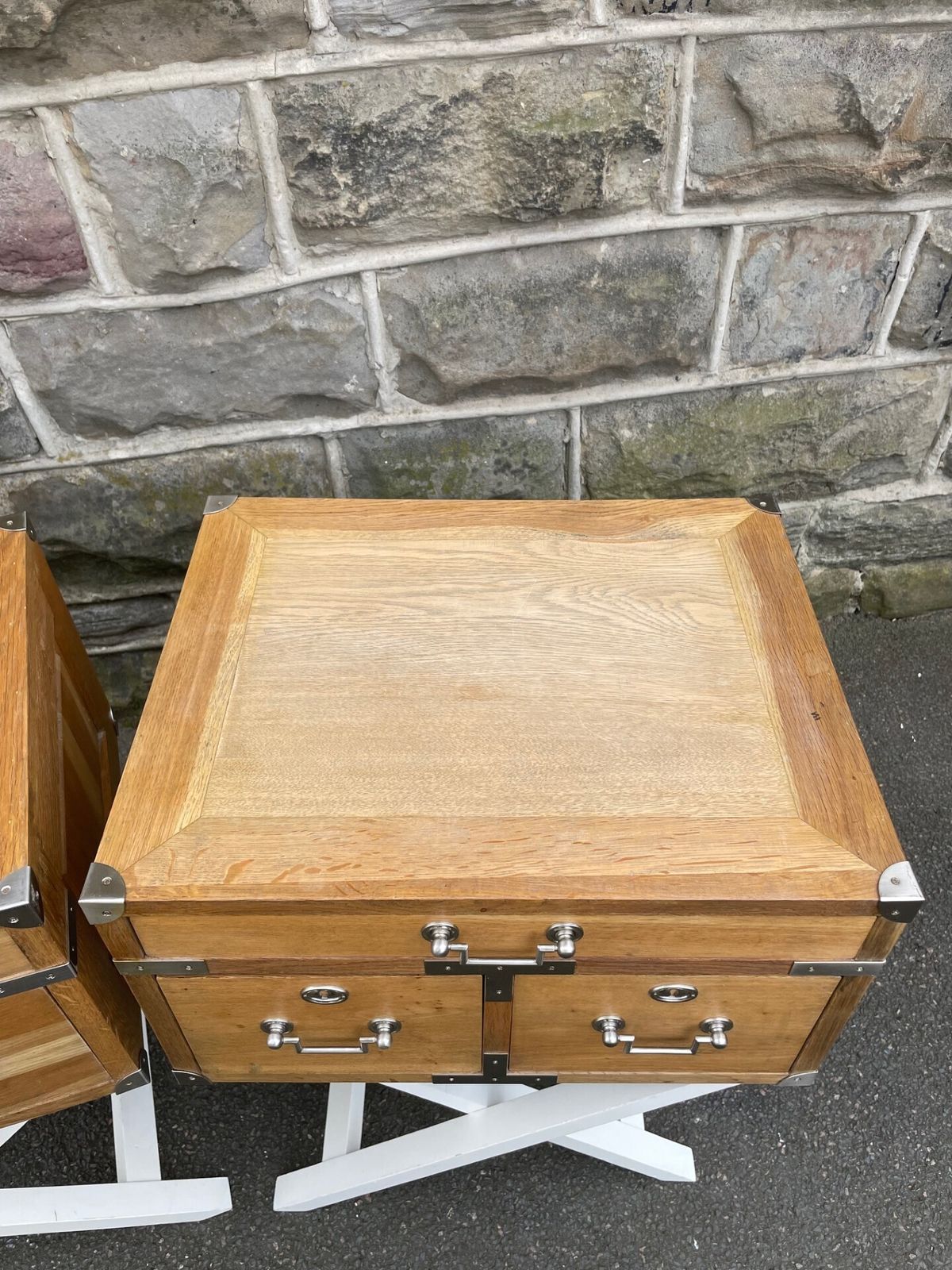 Pair Oak Military Style Bedside Tables photo vintage