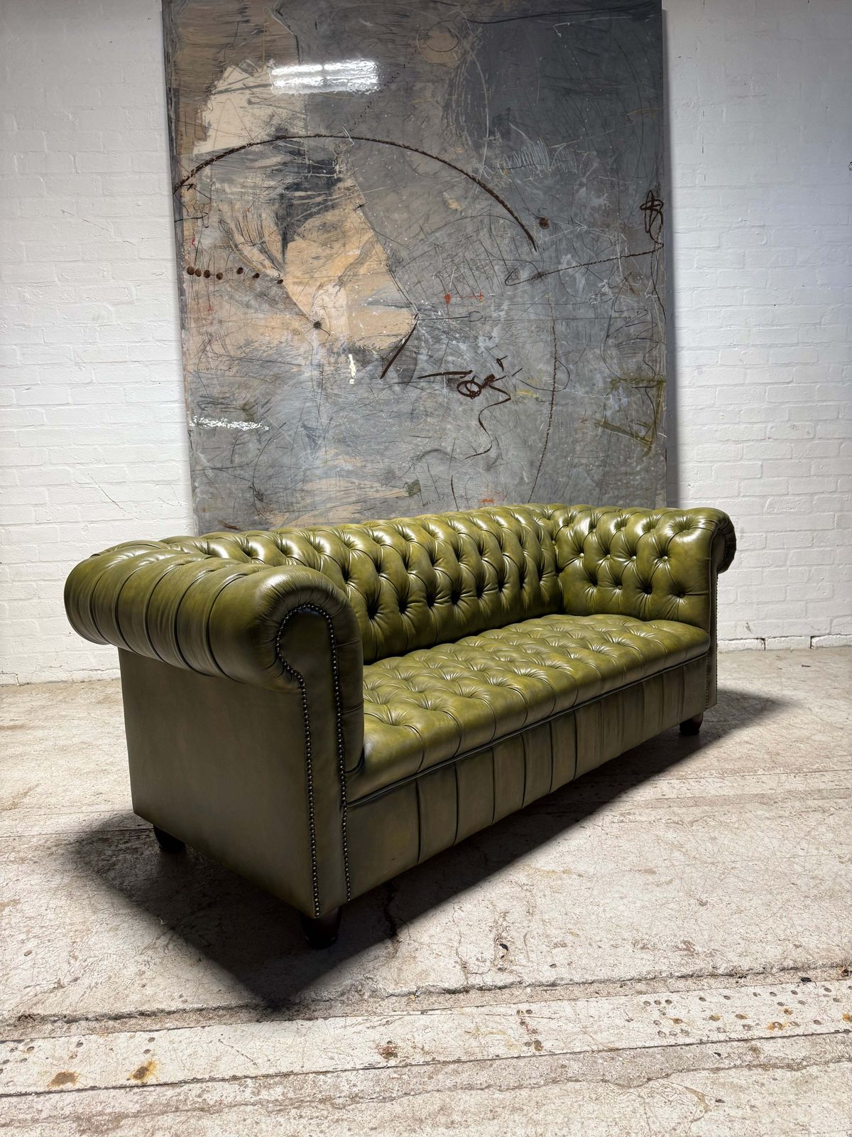 Fully Restored Late 20thc Leather Chesterfield 3 Piece Suite In Hand Dyed Olive Green photo for sale