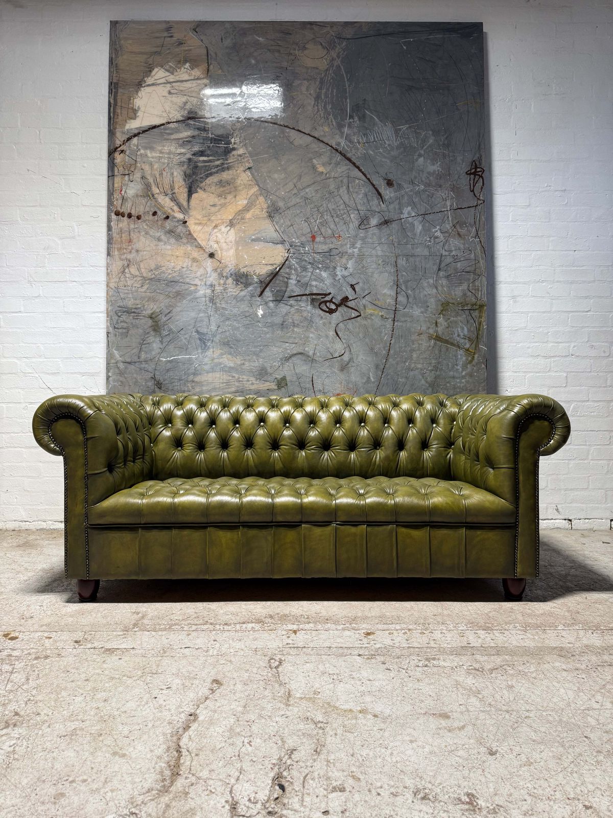 Fully Restored Late 20thc Leather Chesterfield 3 Piece Suite In Hand Dyed Olive Green photo Furniture