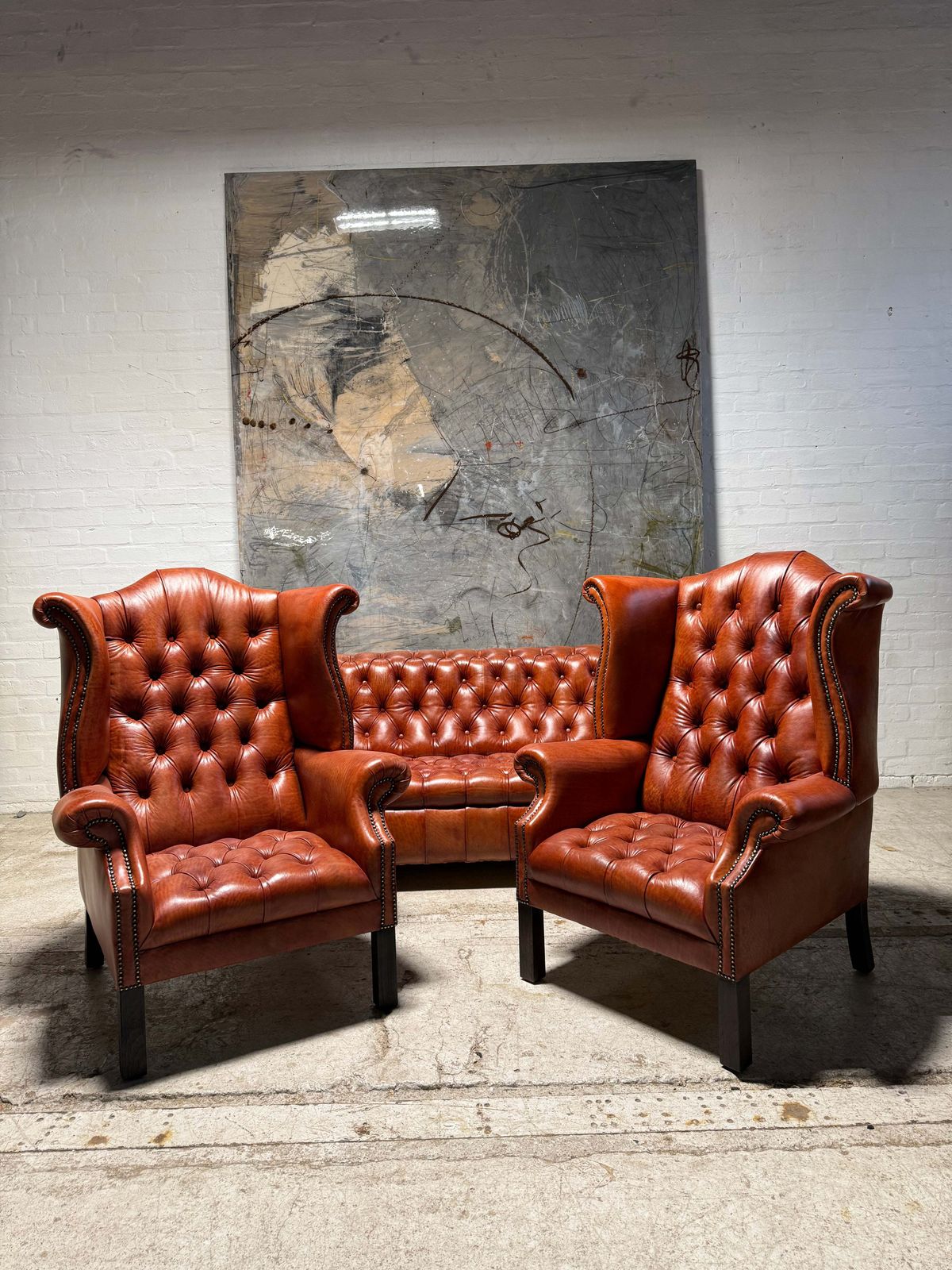 Fully Restored Late 20thc Chesterfield 3 Piece Suite In Hand Dyed Cognac photo furniture
