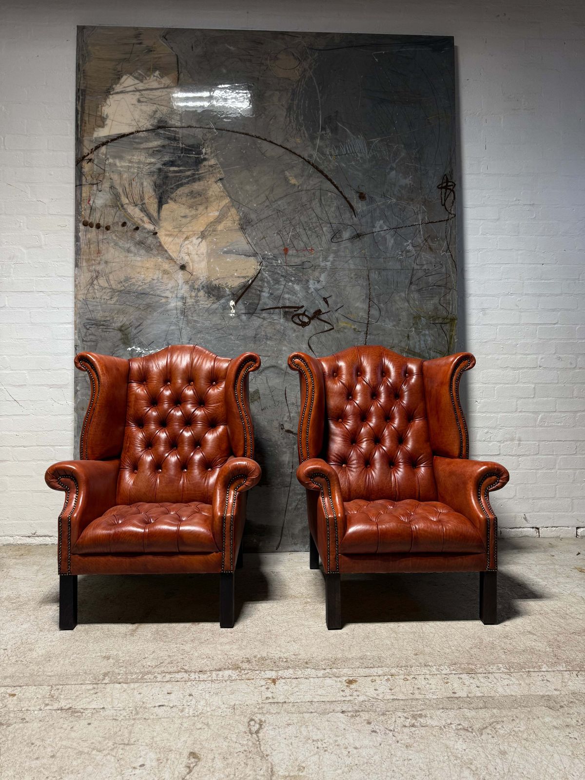 Fully Restored Late 20thc Chesterfield 3 Piece Suite In Hand Dyed Cognac photo Furniture