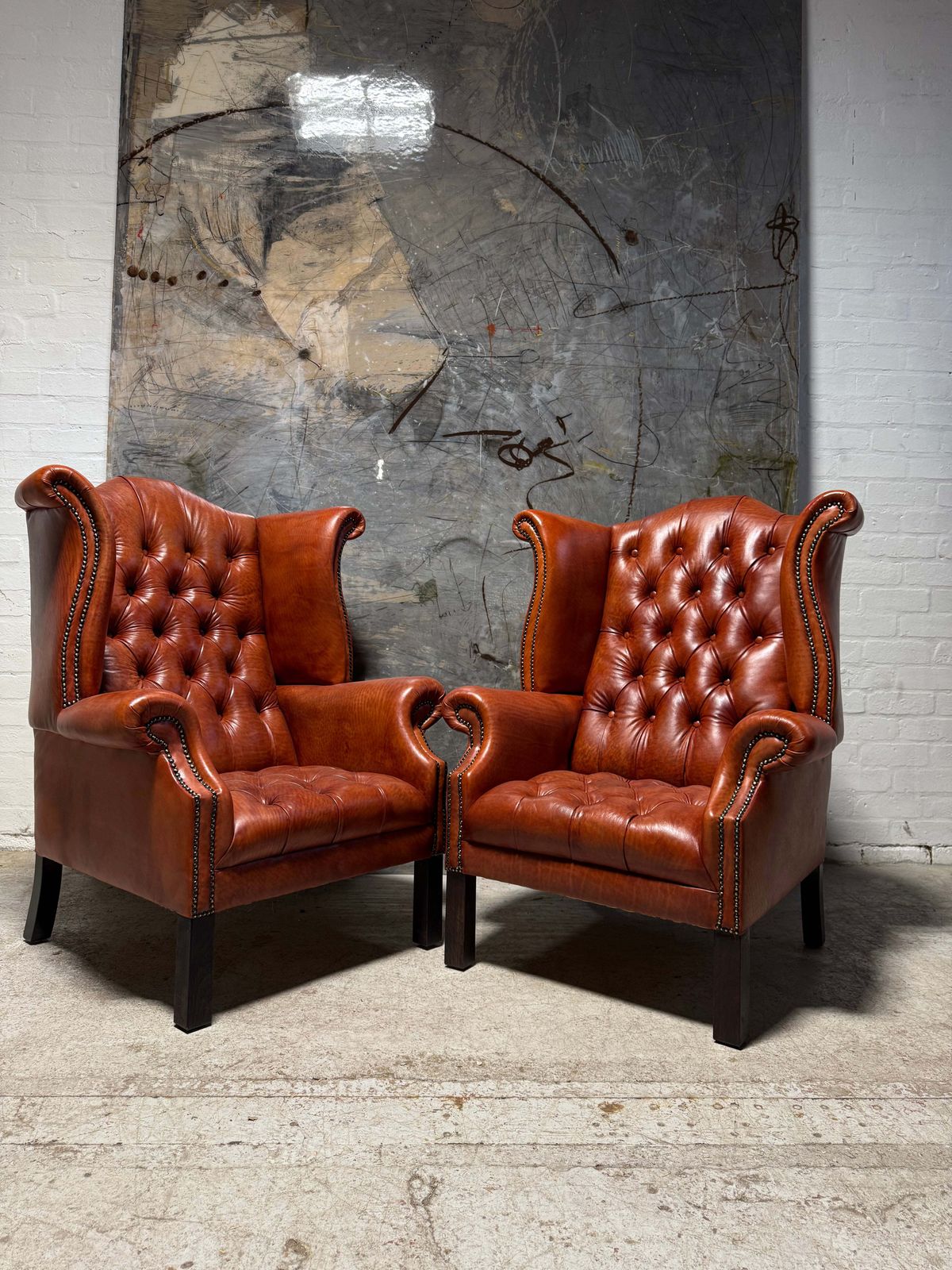 Fully Restored Late 20thc Chesterfield 3 Piece Suite In Hand Dyed Cognac photo vinterior