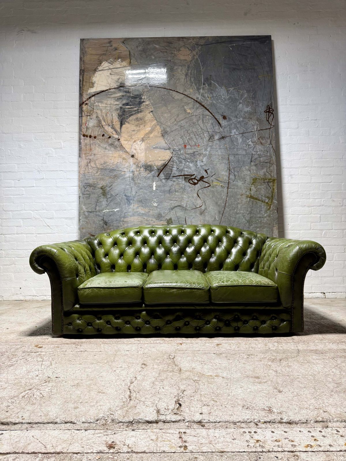 1 Of Matching Pair Of Lovely Second Hand Green Leather Chesterfield Sofa’s