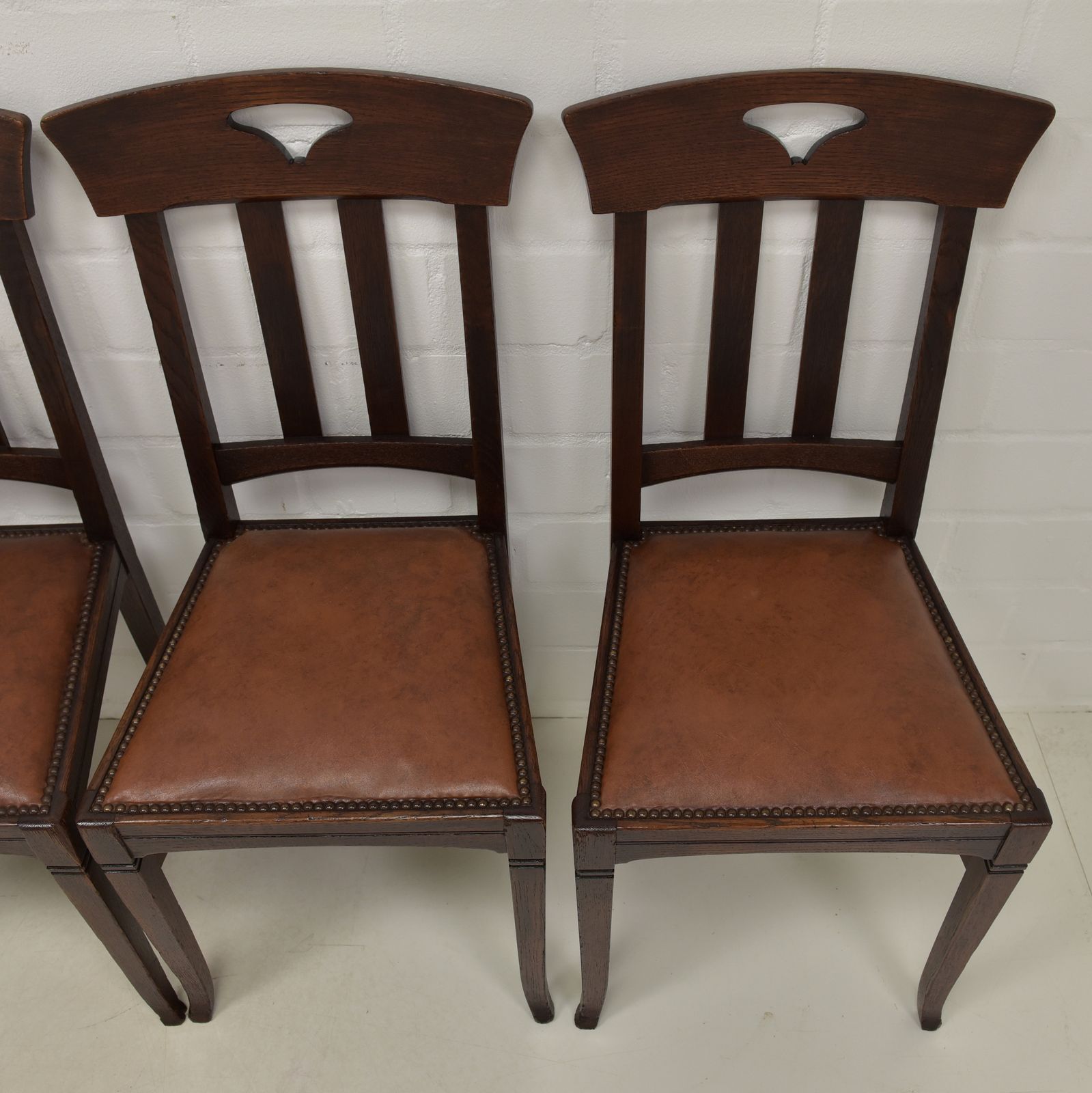 Antique! Set Of 6 Art Nouveau Chairs, Restored, Solid Oak, Faux Leather, Dining Room photo 1721.0