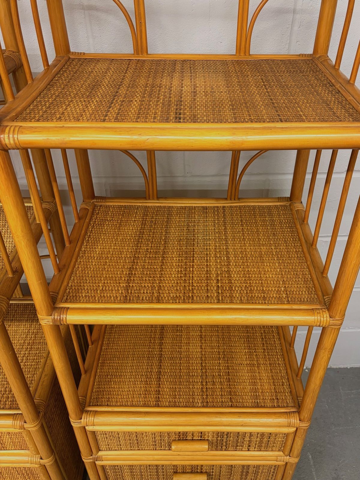 photo for sale Pair Of 1970s Bamboo Shelving Units With Drawers