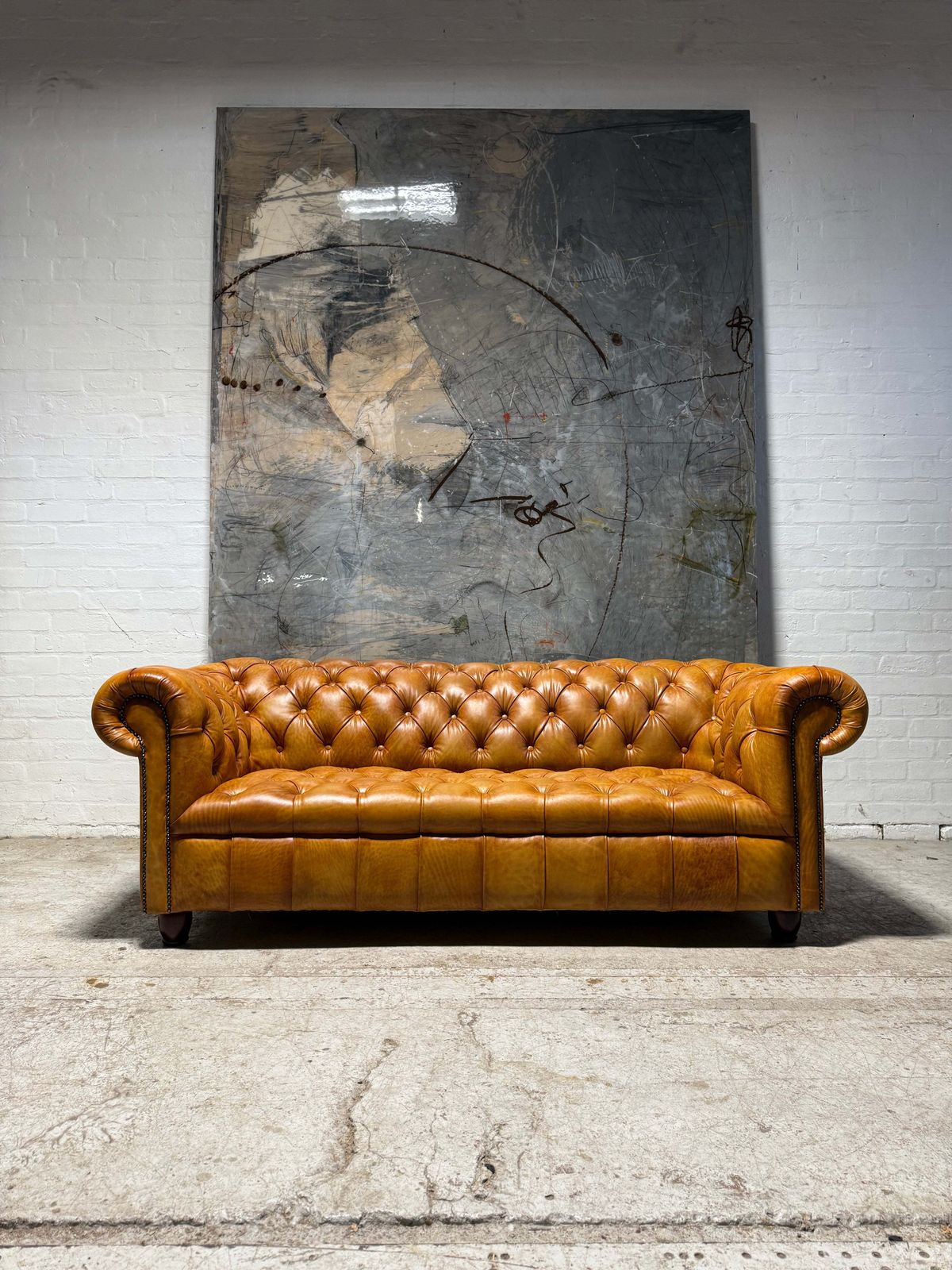 Fully Restored Late 20thc Chesterfield 3 Piece Suite In Hand Dyed Honey Tan Leather photo furniture