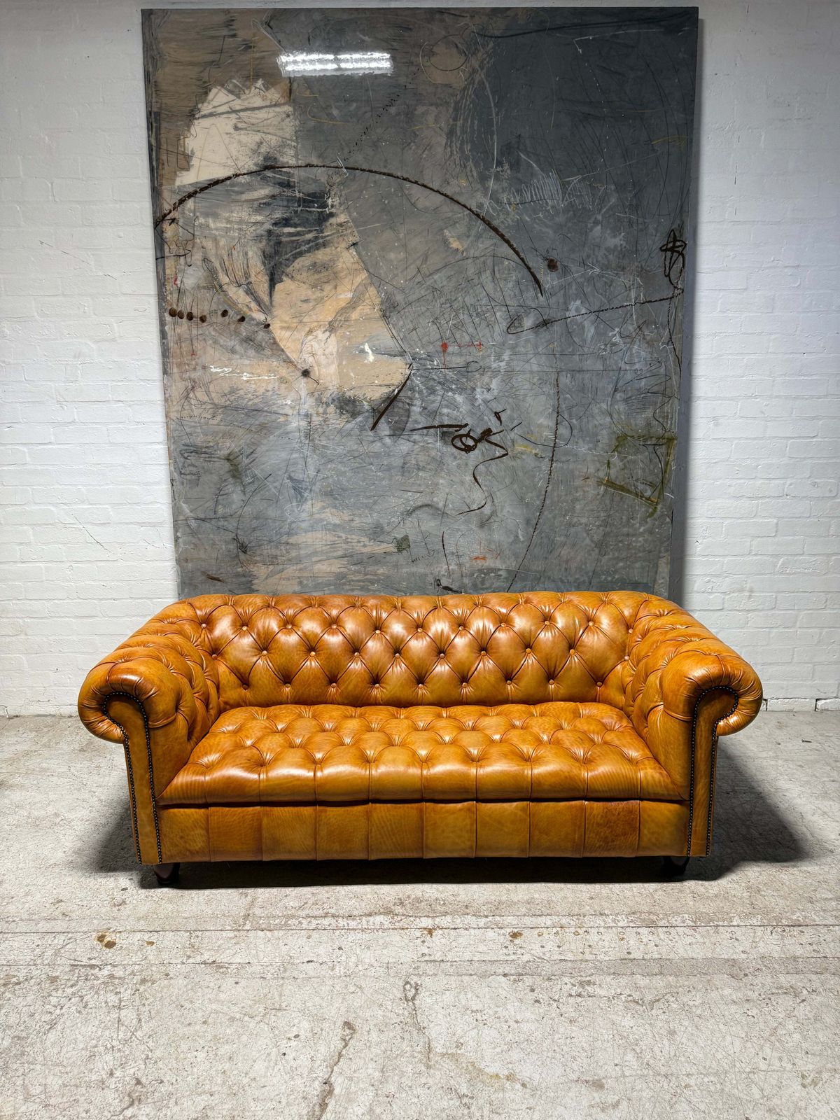 Fully Restored Late 20thc Chesterfield 3 Piece Suite In Hand Dyed Honey Tan Leather photo Furniture
