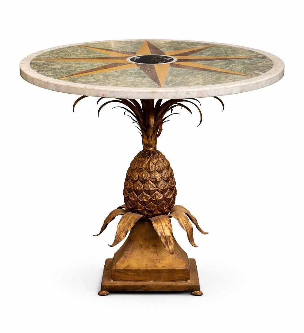 French 1945 50's Pedestal Pineapple Table With A Wind Rose Marquetry Top