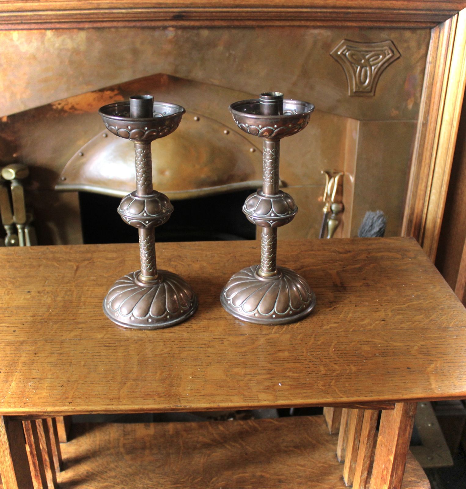 Arts And Crafts Pair Of Copper Candlesticks, Circa 1900 photo for sale