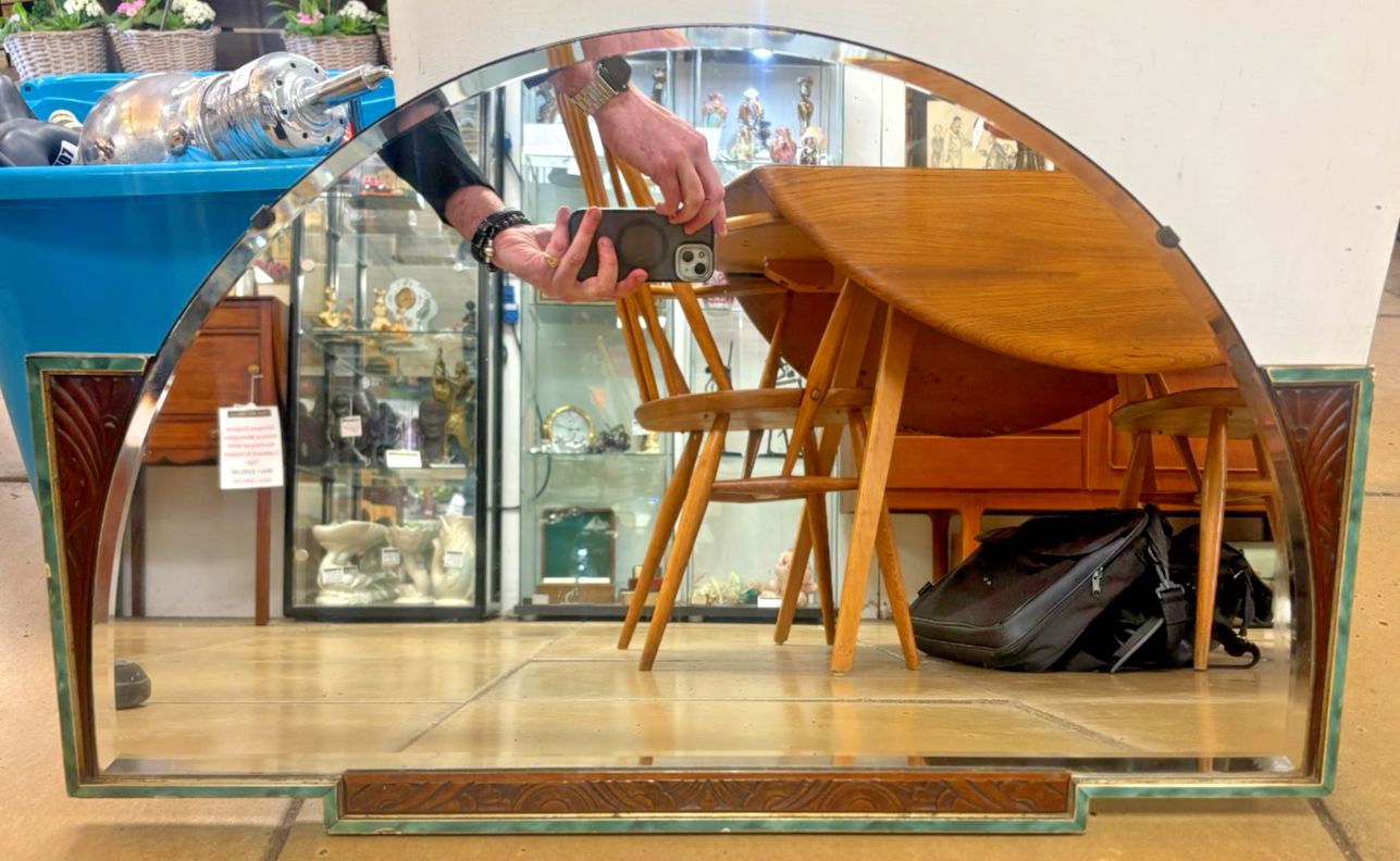Art Deco Half Moon Wall Mirror With Wooden Sides As Found
