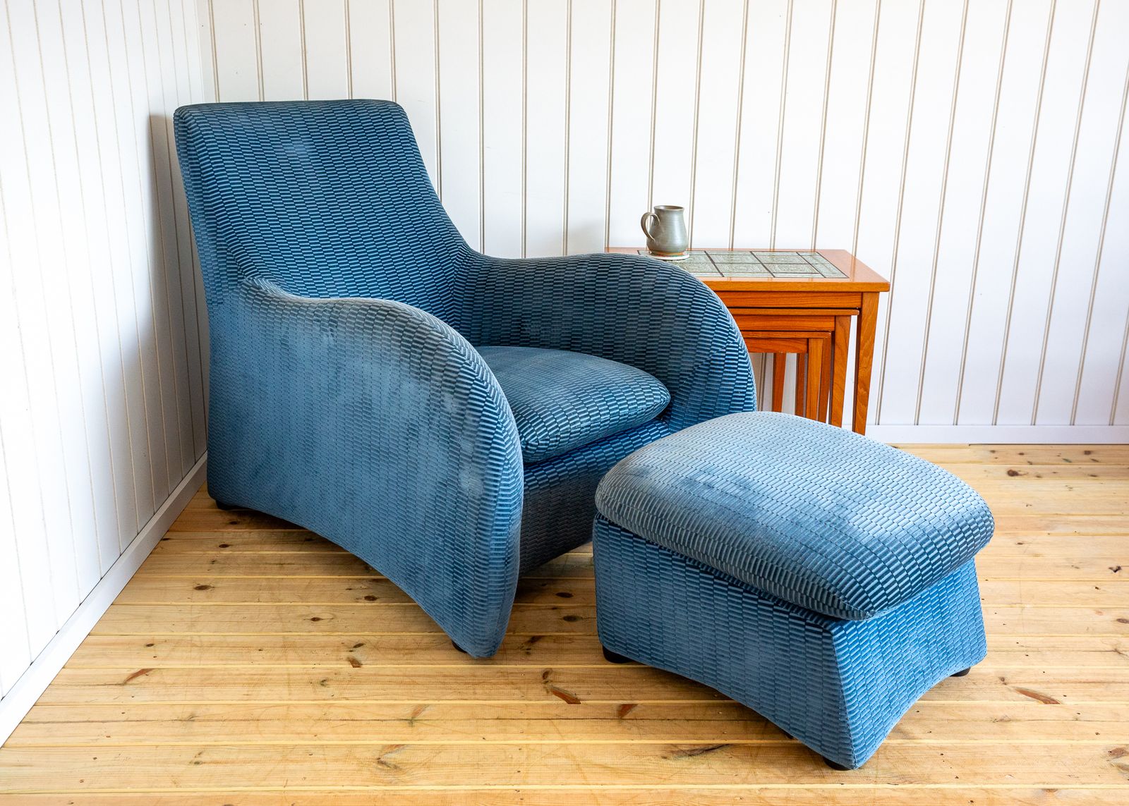 photo buy Loge Lounge Chair & Ottoma.N By Gerard Van Den Berg For Montis 1980s La Maison Pierre Frey Fabric Blue Velvet Armchai.R Footstool Art Deco Style
