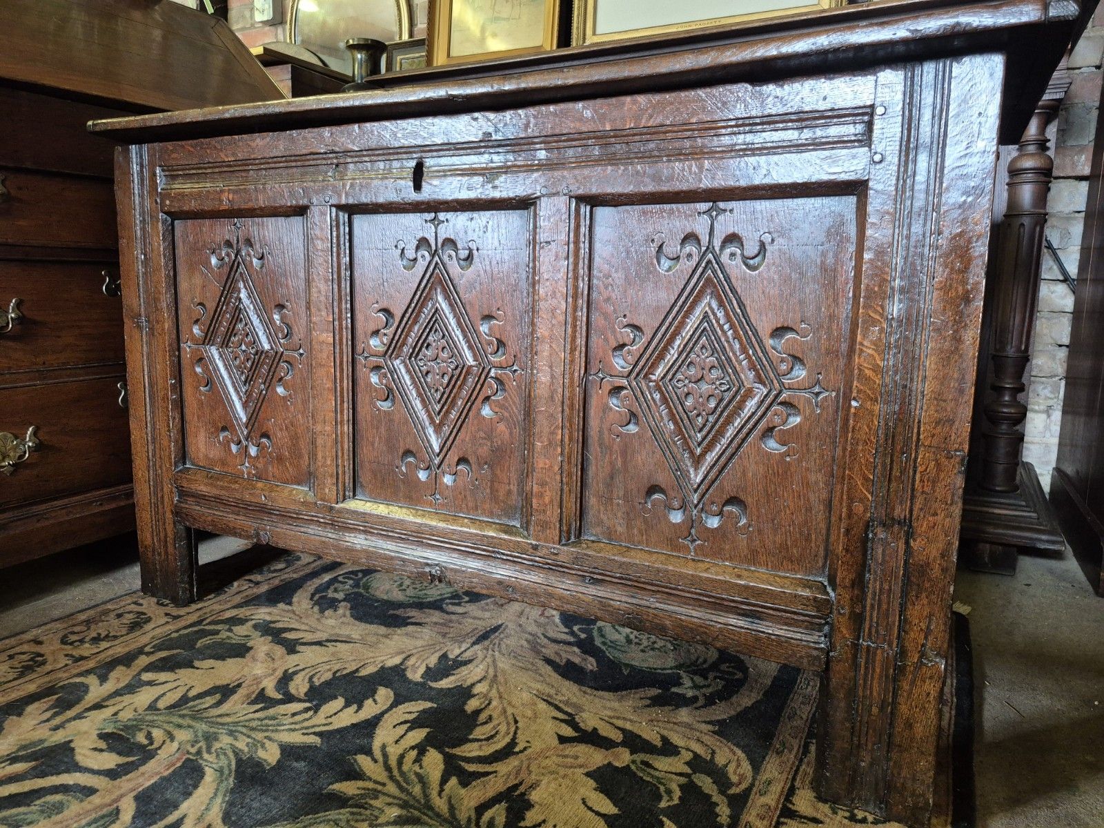 A Super & Generous 18th Century Three Plank Coffer Penny Hinge Top Carved Panels