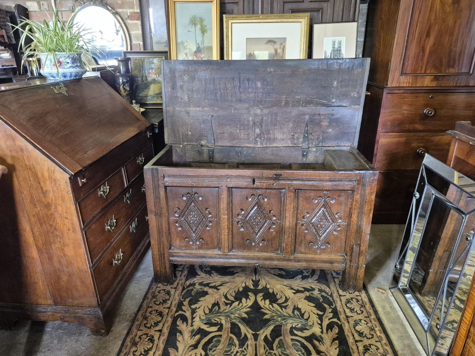 A Super & Generous 18th Century Three Plank Coffer Penny Hinge Top Carved Panels photo furniture