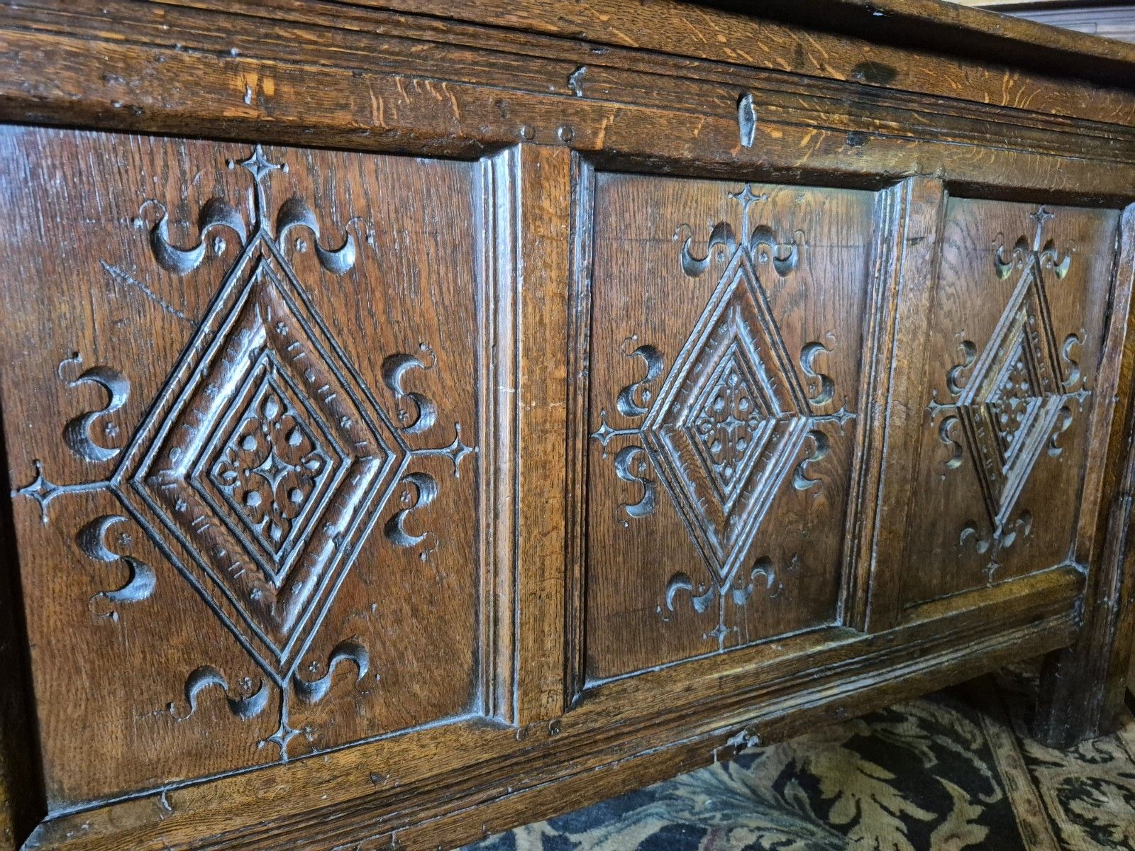 A Super & Generous 18th Century Three Plank Coffer Penny Hinge Top Carved Panels photo Furniture