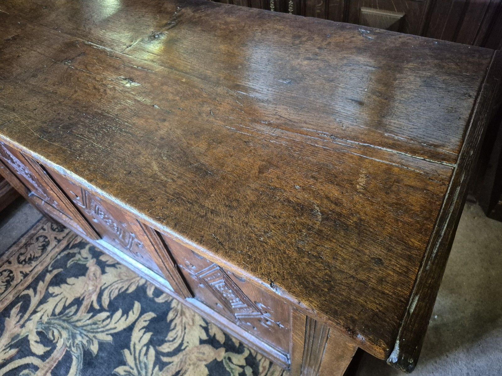 photo for sale A Super & Generous 18th Century Three Plank Coffer Penny Hinge Top Carved Panels