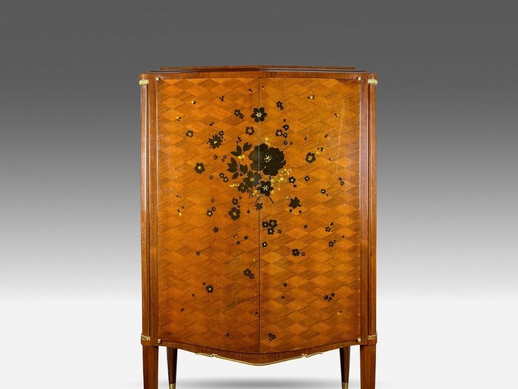 Jules Leleu Art Deco Cabinet With Floral Marquetry In Ebony And Mother Of Pearl photo for sale
