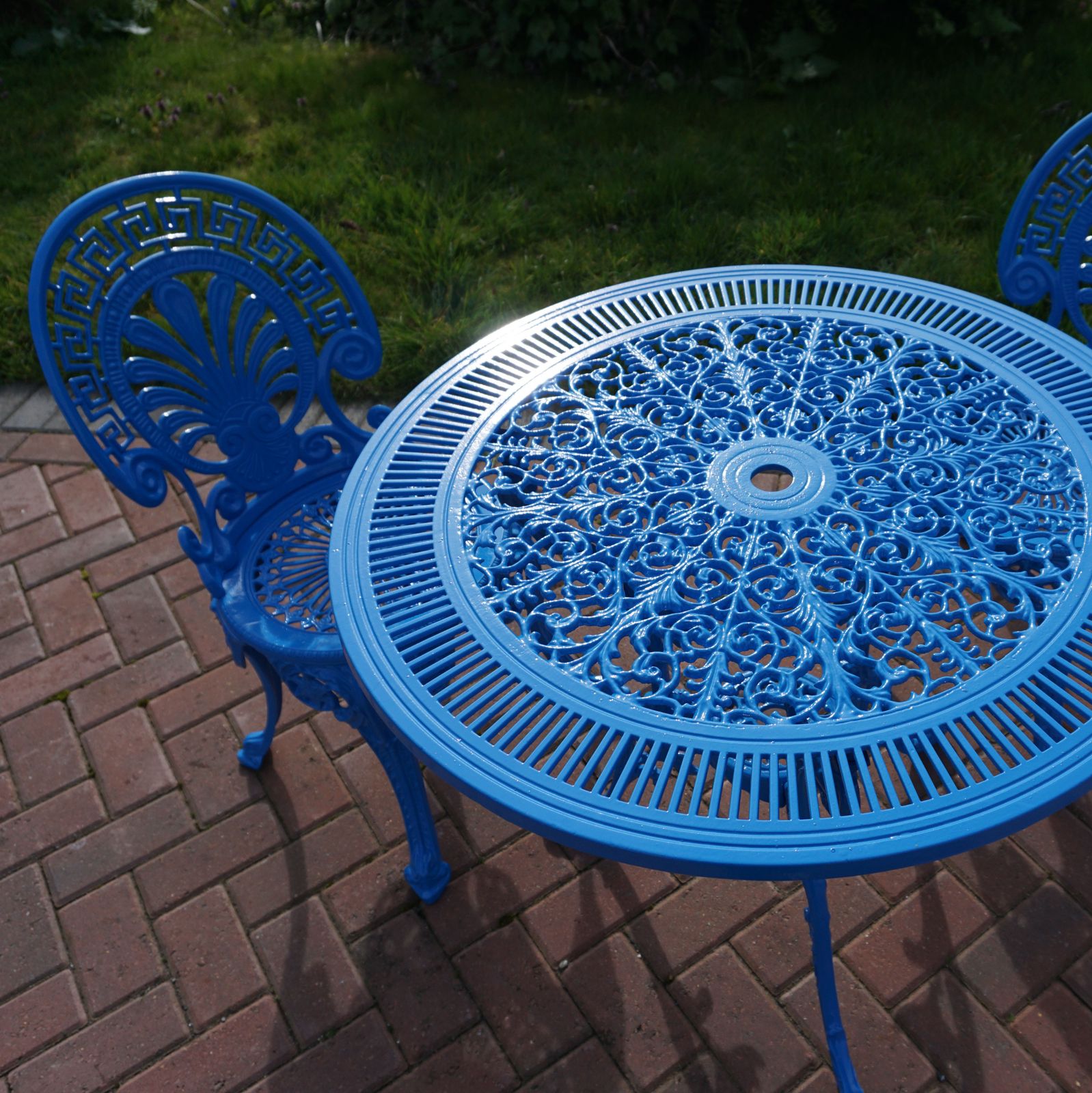 photo for sale Powder Coated Blue Cast Aluminium Garden Bistro Table & Chair Set Fully Refurbished
