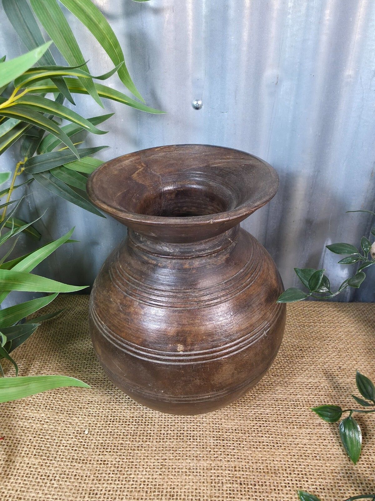 Vintage Antique Wabi Sabi Rustic Nepalese Turned Wooden Milk Water Curd Pot Vase photo for sale