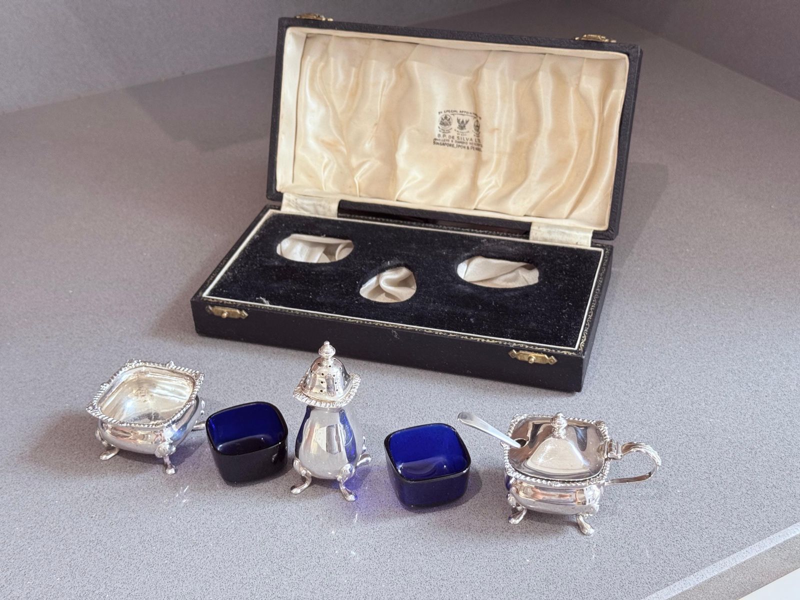 857.0 Sterling Silver Condiment Set In Case Blue Glass Salt, Mustard & Pepper Shaker photo