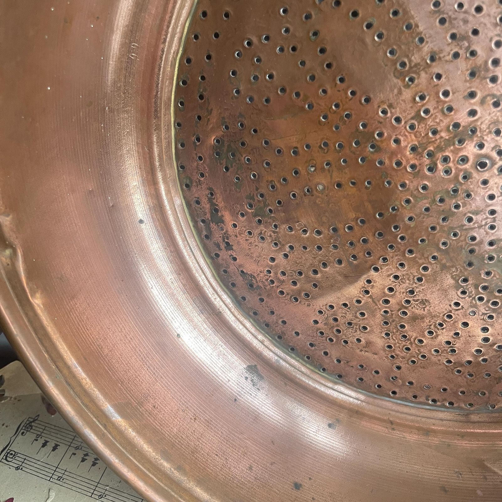Antique French Copper Sieve   Wall Hanging Colander   Farmhouse Country Kitchen Decor photo vintage