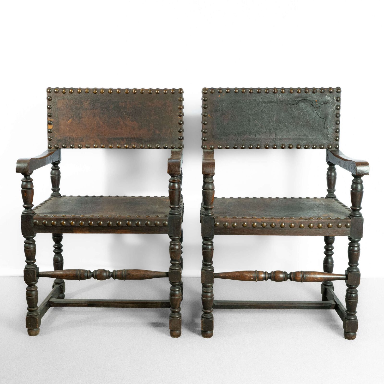 Pair Of English Cromwellian Oak And Leather Hall Chairs