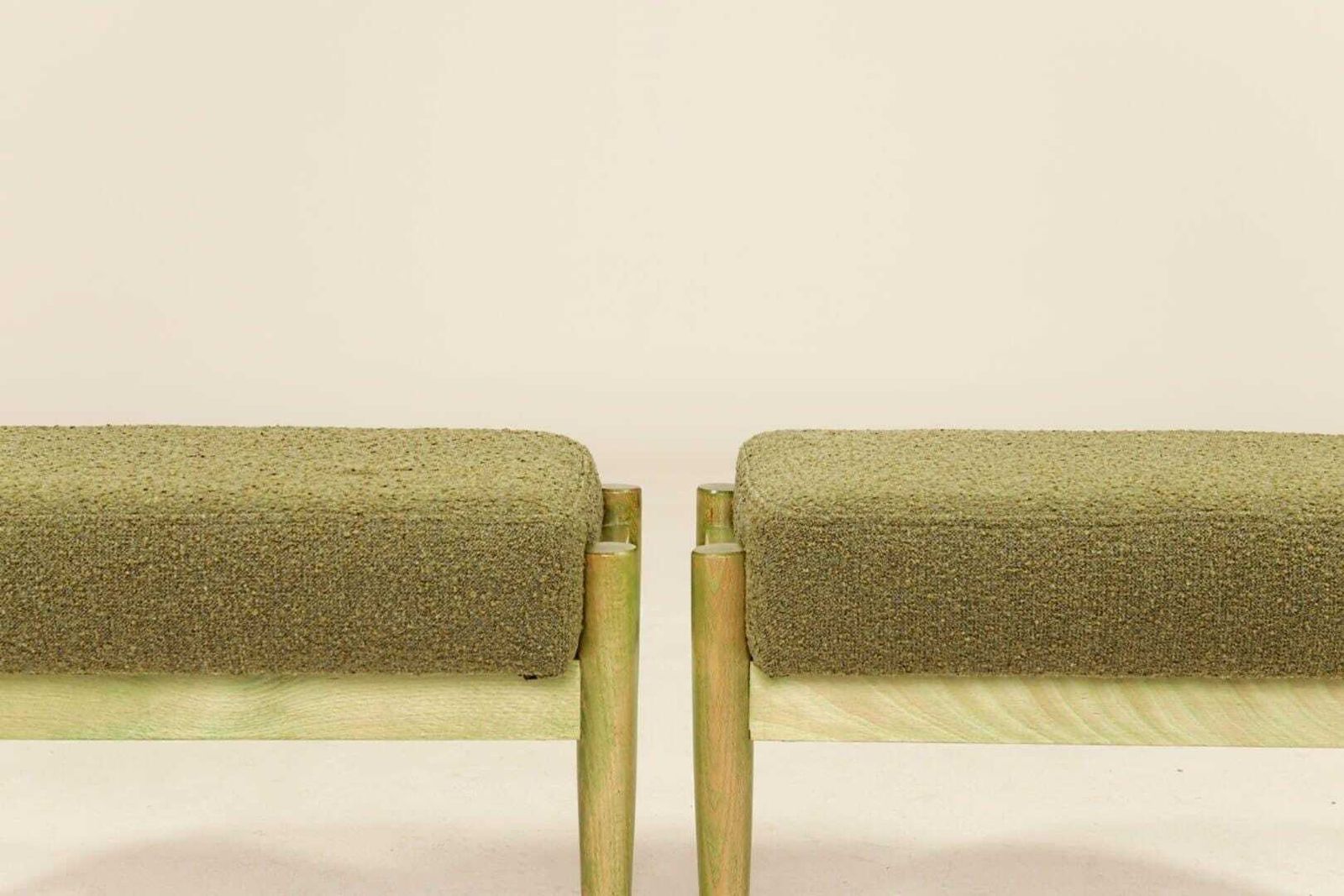 Set Of Two Vintage Style Footstools, Unique Design Green Wood And Bouclé Upholstery photo vintage