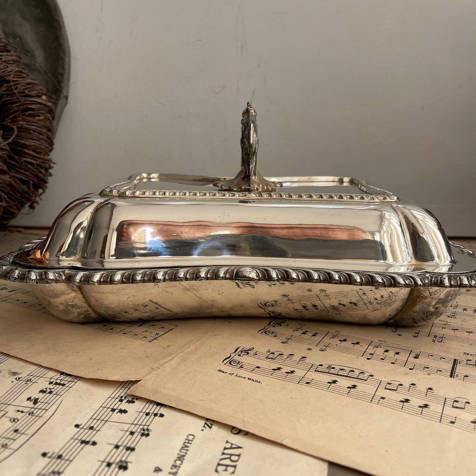 Antique Silver Plated Lidded Tureen. Atkin Brothers. Shabby Chic. Entree Dish. Rectangular Serving Platter. Food Photo Prop photo furniture