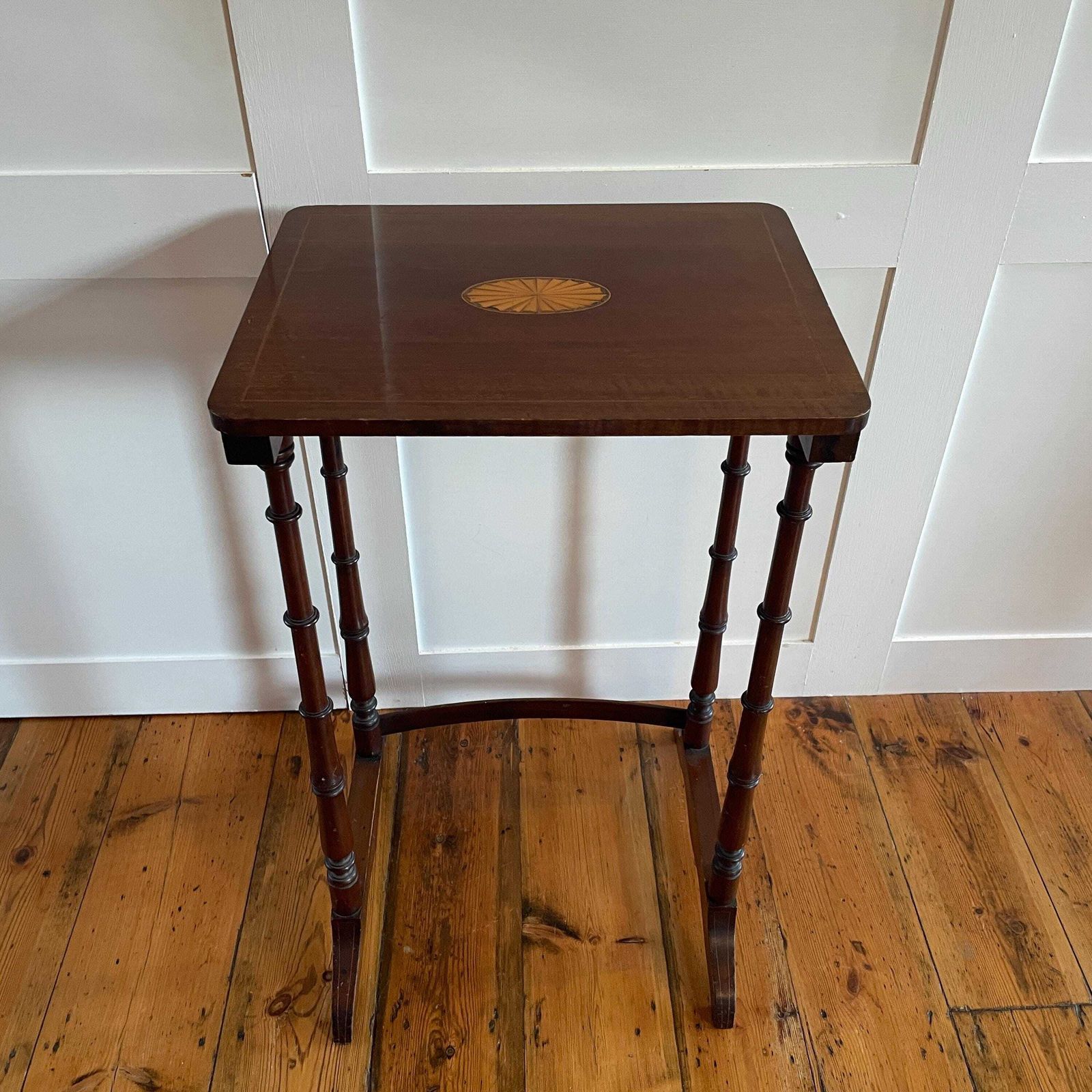 Edwardian Wood Side Table Inlay Top Turned Leg Plant Stand End Table Early Mid 20th Century Sheraton Revival photo 135.0