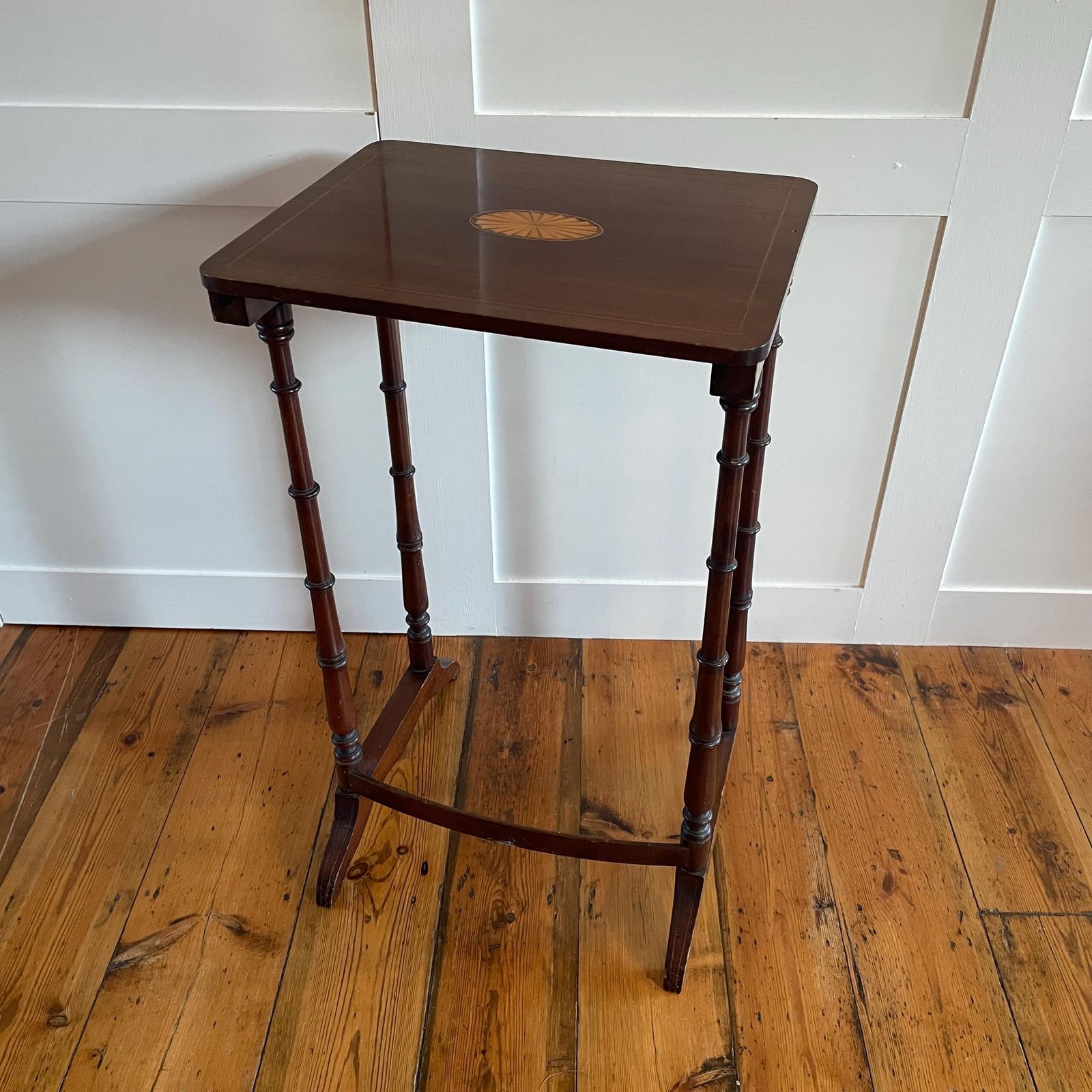 135.0 Edwardian Wood Side Table Inlay Top Turned Leg Plant Stand End Table Early Mid 20th Century Sheraton Revival photo