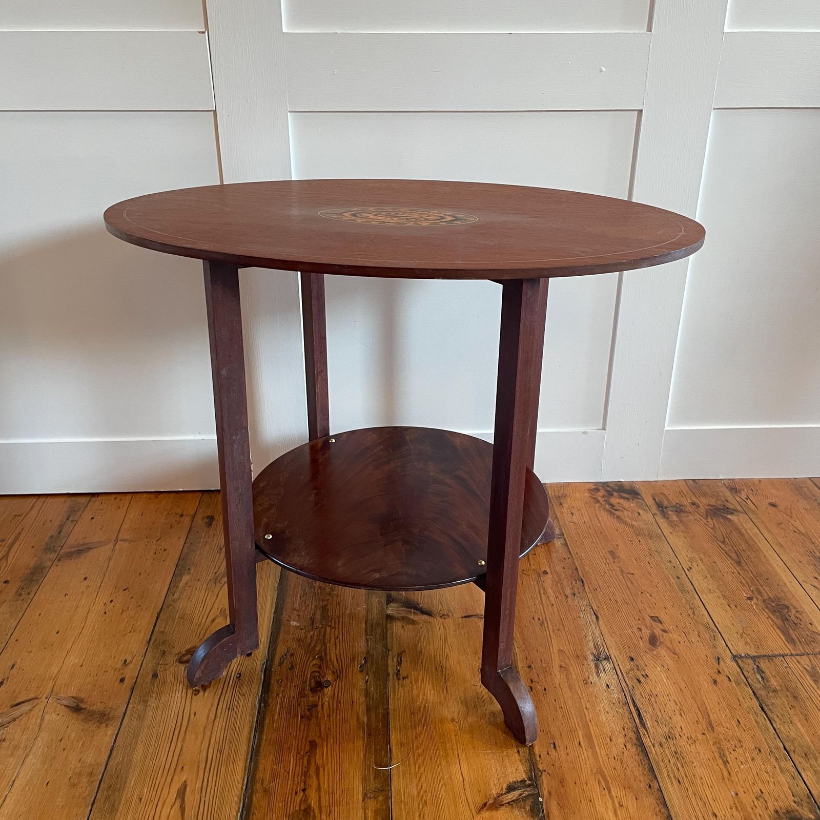 Vintage Oval Wood Side Table Inlay Medallion Plant Stand Mid Century End Table Edwardian Style Round photo for sale