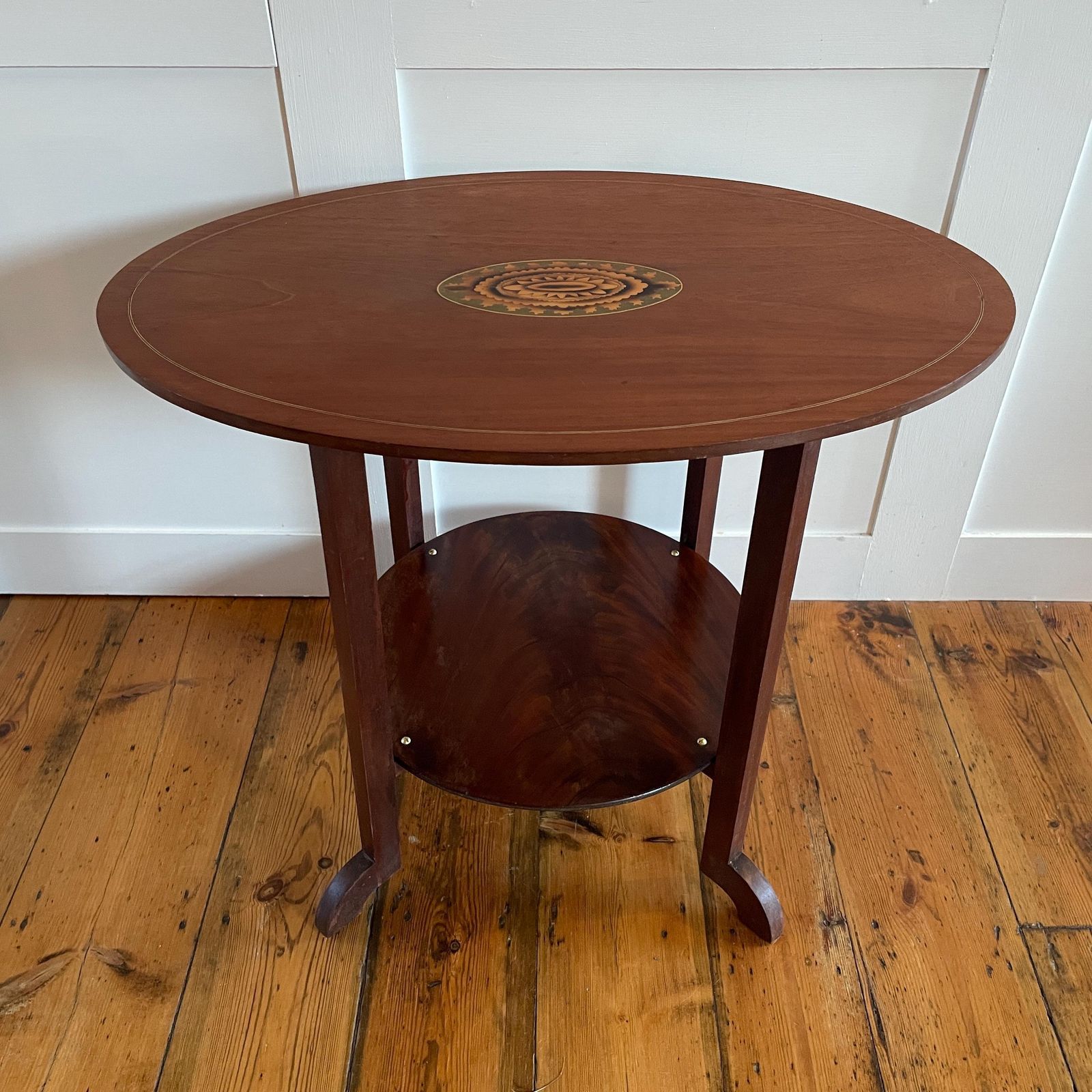 photo for sale Vintage Oval Wood Side Table Inlay Medallion Plant Stand Mid Century End Table Edwardian Style Round