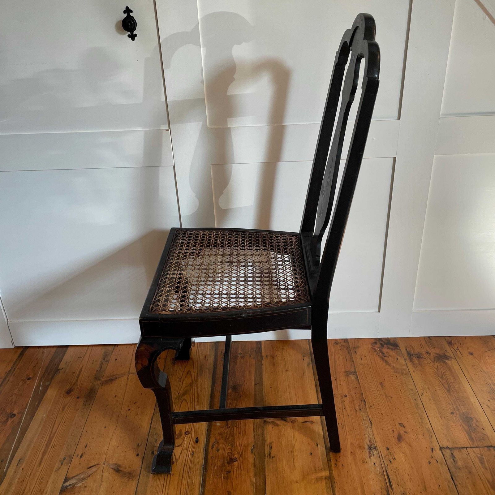 photo furniture Oriental Wood Accent Chair Hand Painted Caned Seat Black Lacquer Chinoiserie Antique Early 20th Century Rattan Seat Decorative Accent