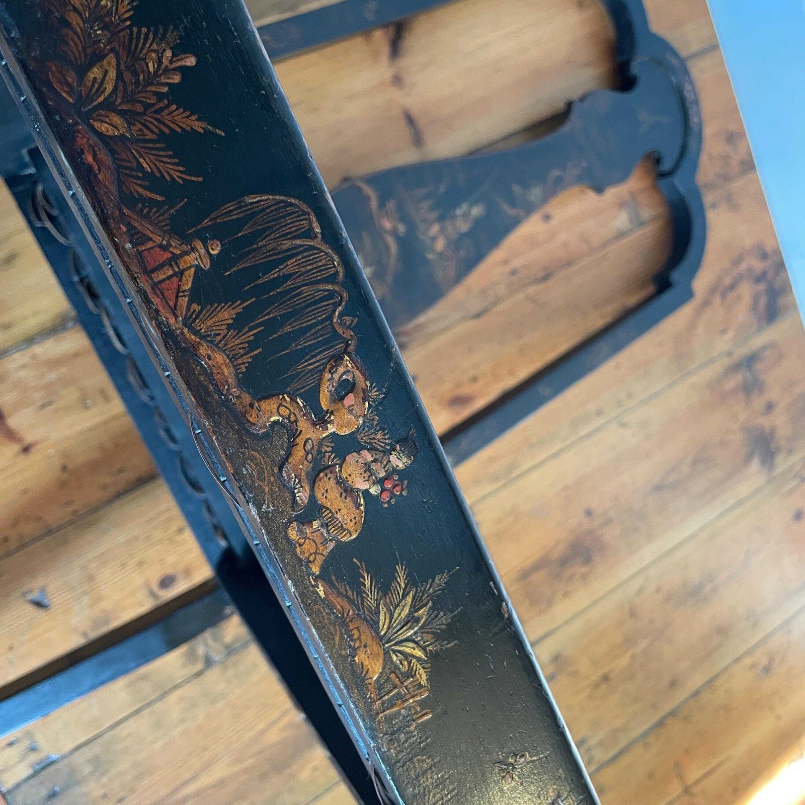 photo vinterior Oriental Wood Accent Chair Hand Painted Caned Seat Black Lacquer Chinoiserie Antique Early 20th Century Rattan Seat Decorative Accent