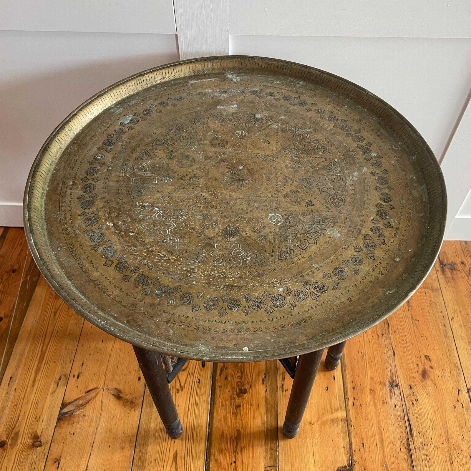 Indian Table Fold Down Wooden Legs Antique Brass Gold Metal Tray Circular Accent Intricate Decorative Patterned Round Coffee/End/Side Table photo vintage