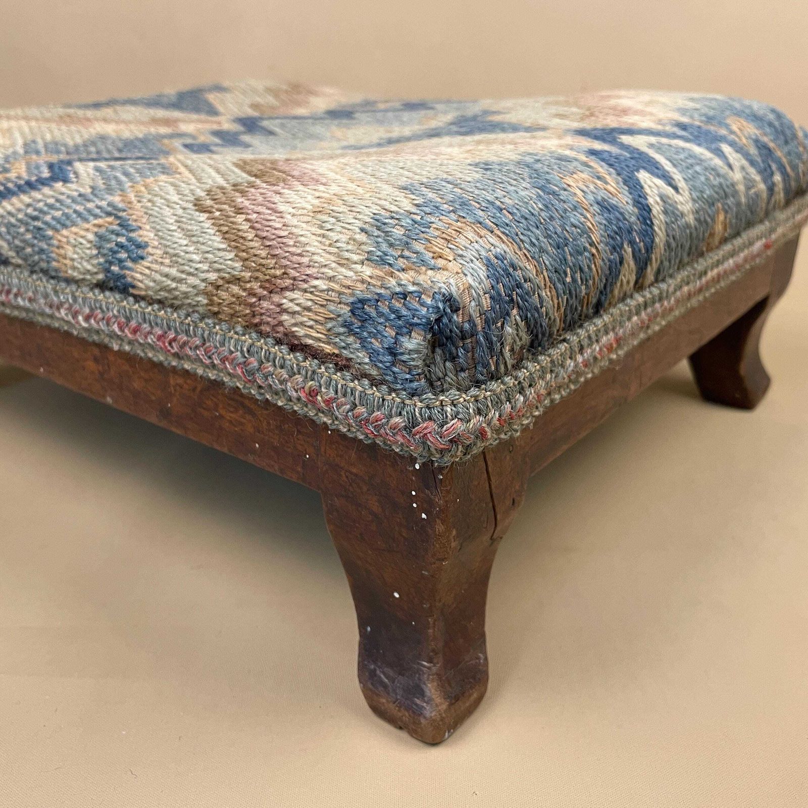 Vintage Upholstered Footstool Blue Cream Retro Pattern Fringe Trim Wooden Legs Mid Century Small Ottoman Cottage Decor photo 65.0