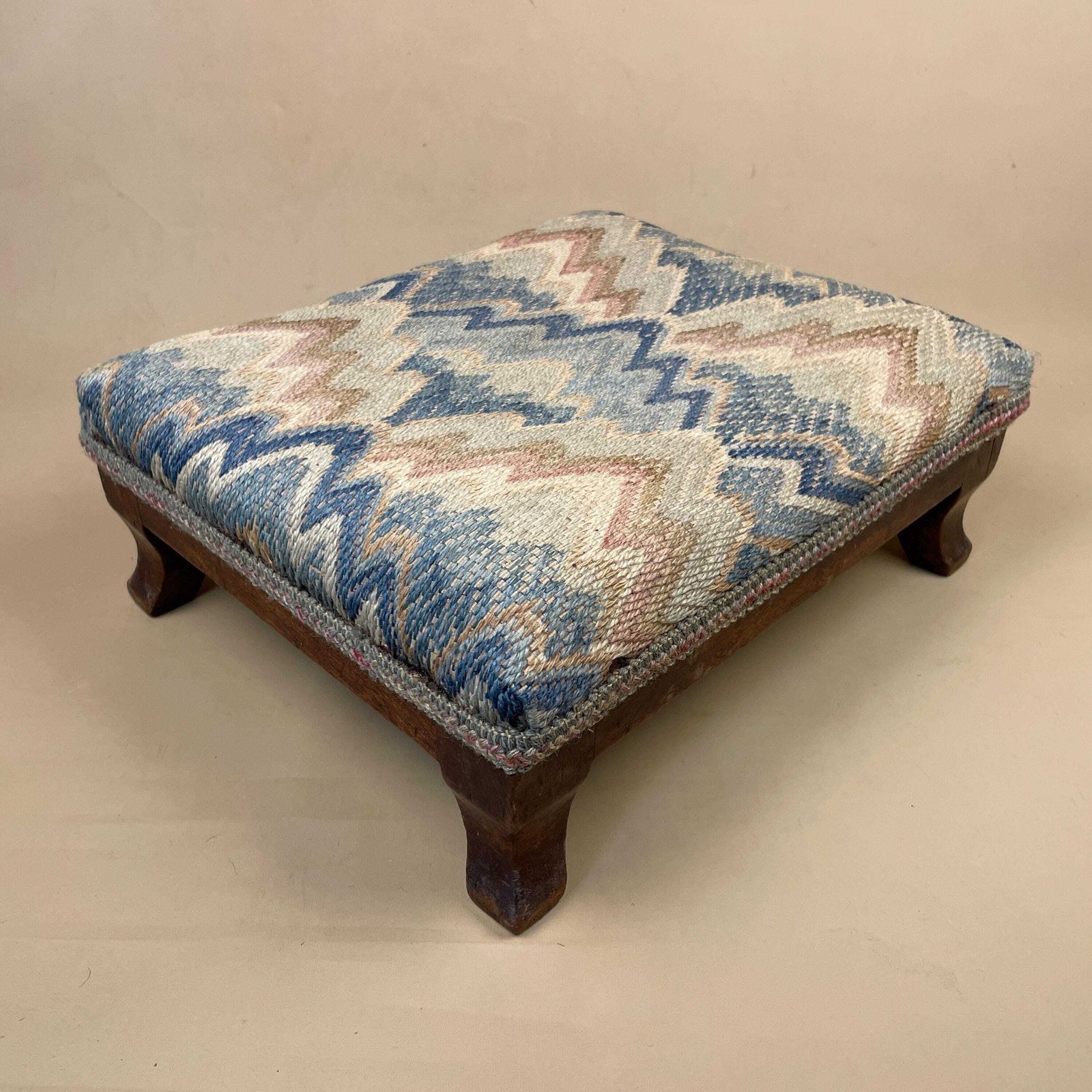 Vintage Upholstered Footstool Blue Cream Retro Pattern Fringe Trim Wooden Legs Mid Century Small Ottoman Cottage Decor photo vintage