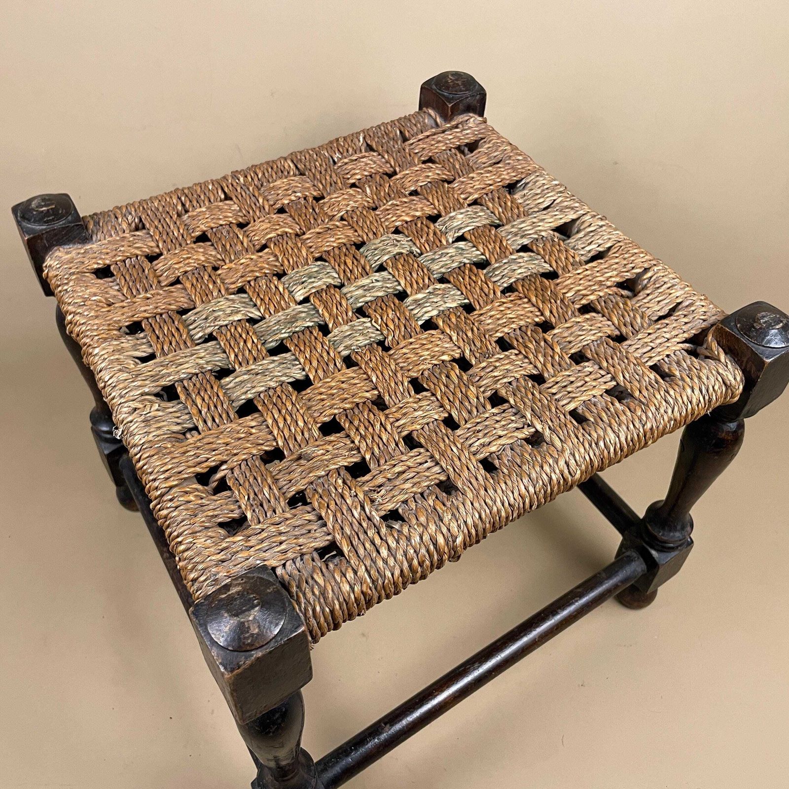 Wooden Footstool Woven Top Cottage Furniture Brown String Foot Stool Antique Farmhouse Style Entryway Hallway Accent Decorative photo for sale