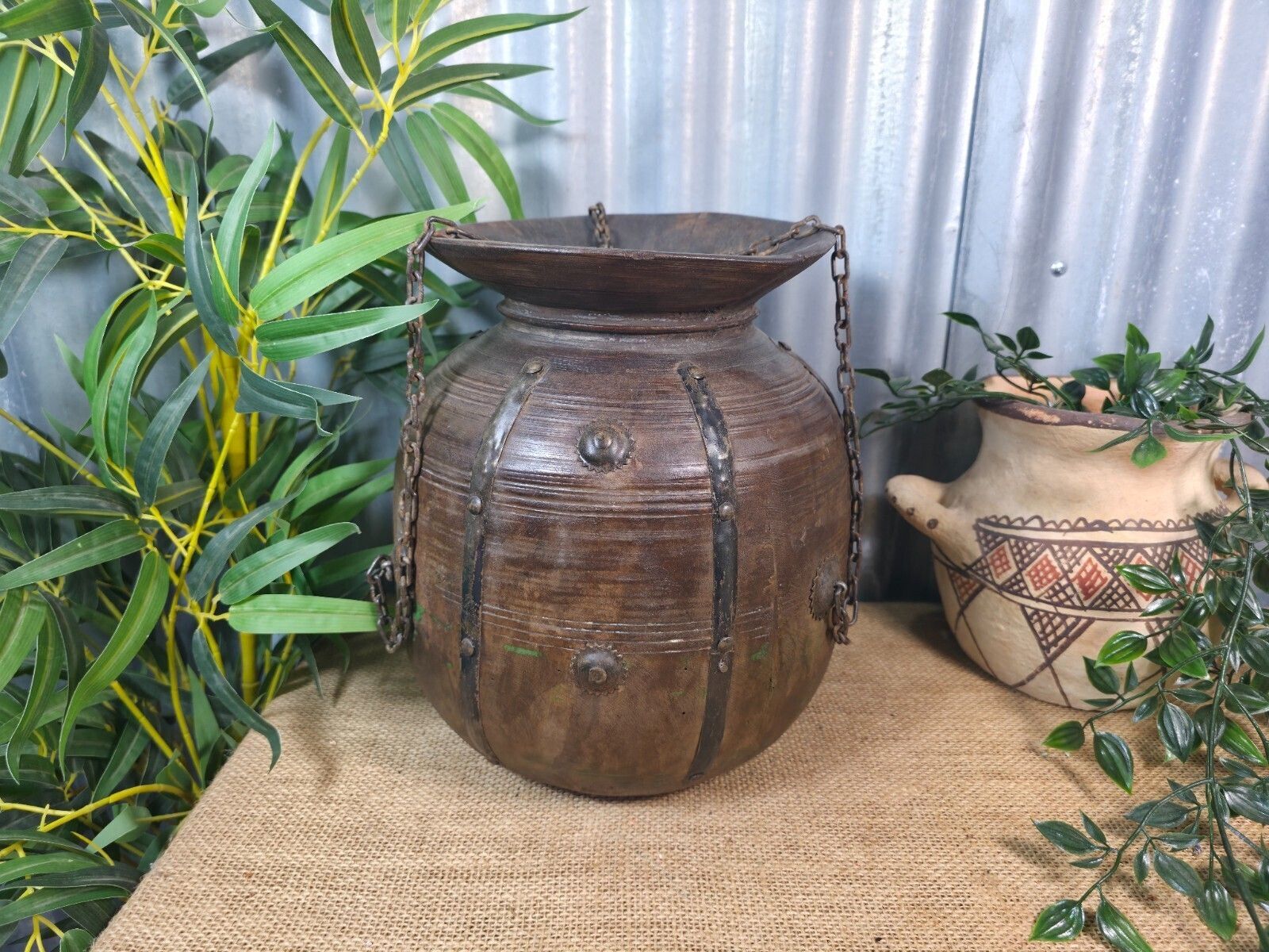 Vintage Antique Wabi Sabi Rustic Hanging Nepalese Wooden Water Curd Pot Vase