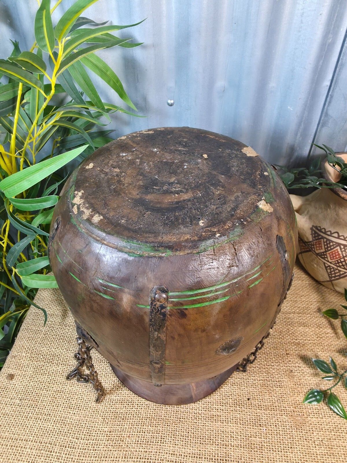 Vintage Antique Wabi Sabi Rustic Hanging Nepalese Wooden Water Curd Pot Vase photo vintage
