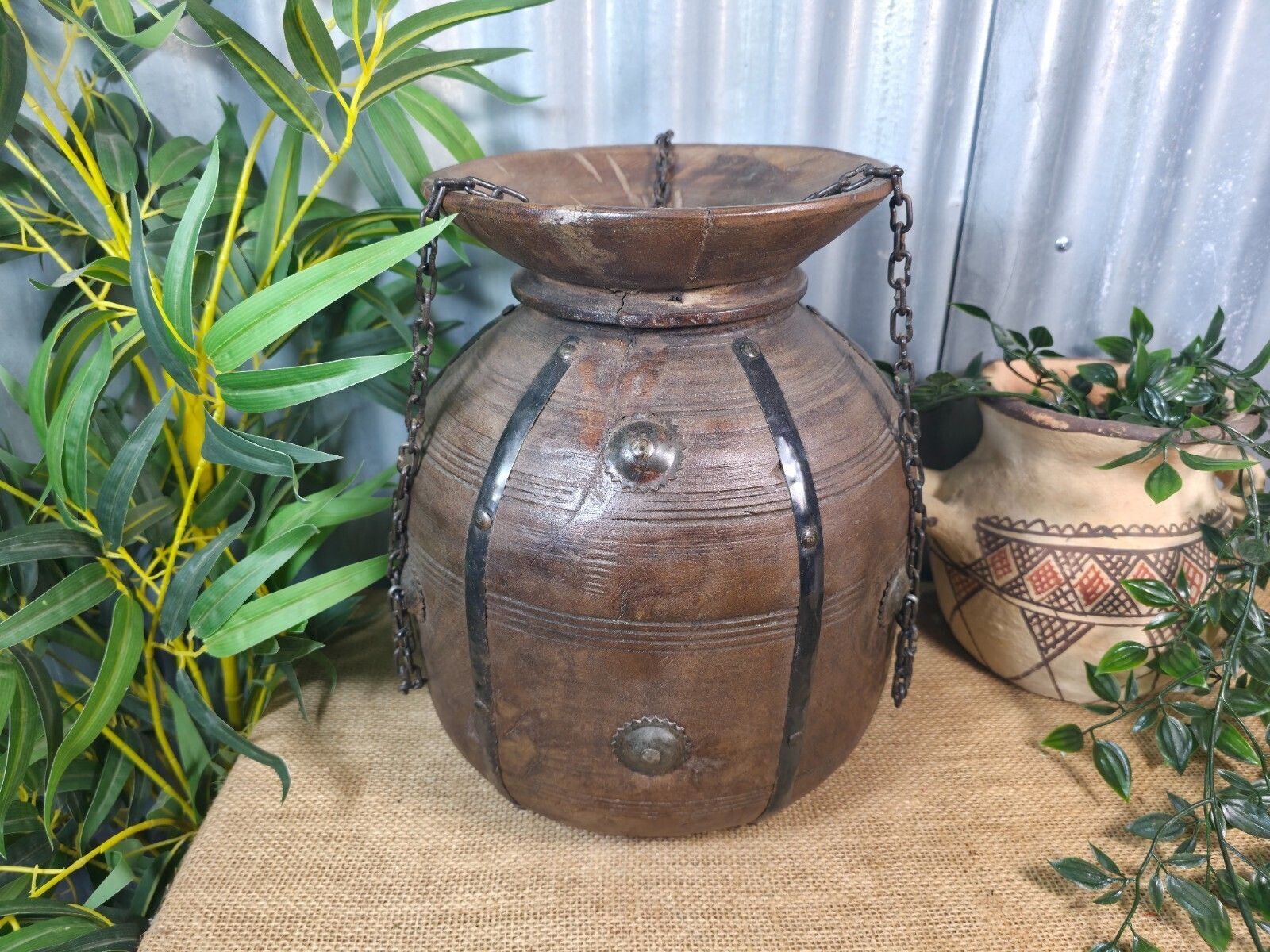 Vintage Antique Wabi Sabi Rustic Hanging Nepalese Wooden Water Curd Pot Vase