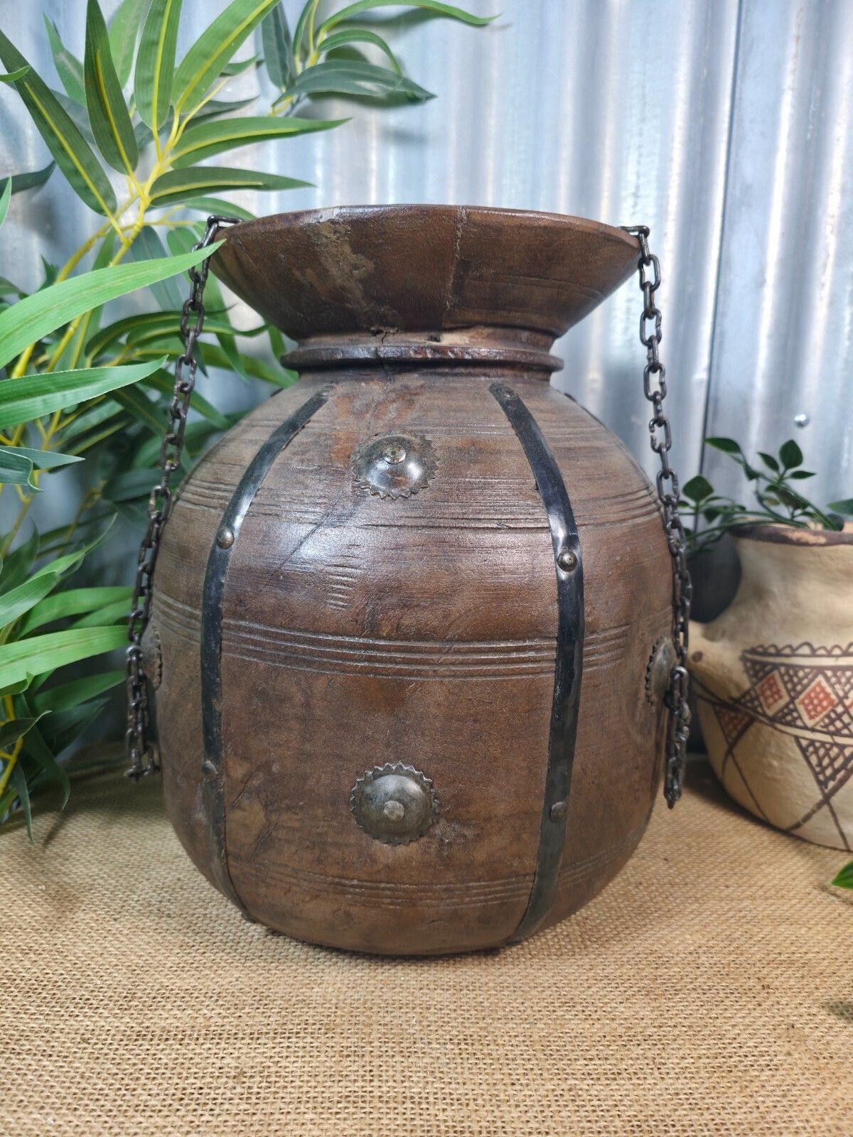 Vintage Antique Wabi Sabi Rustic Hanging Nepalese Wooden Water Curd Pot Vase photo furniture