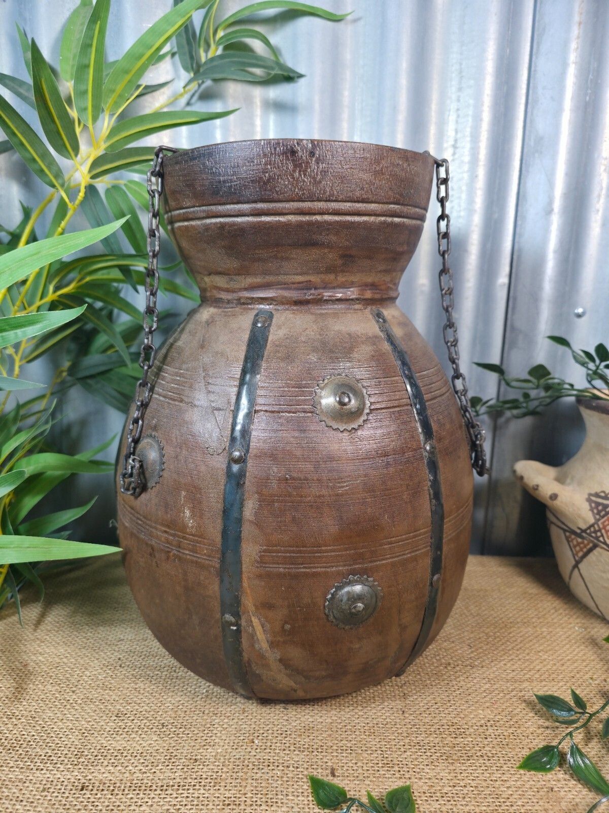 Vintage Antique Wabi Sabi Rustic Hanging Nepalese Wooden Water Curd Pot Vase photo furniture
