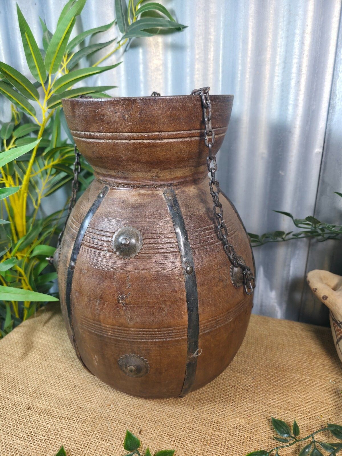 Vintage Antique Wabi Sabi Rustic Hanging Nepalese Wooden Water Curd Pot Vase photo Garden Decor
